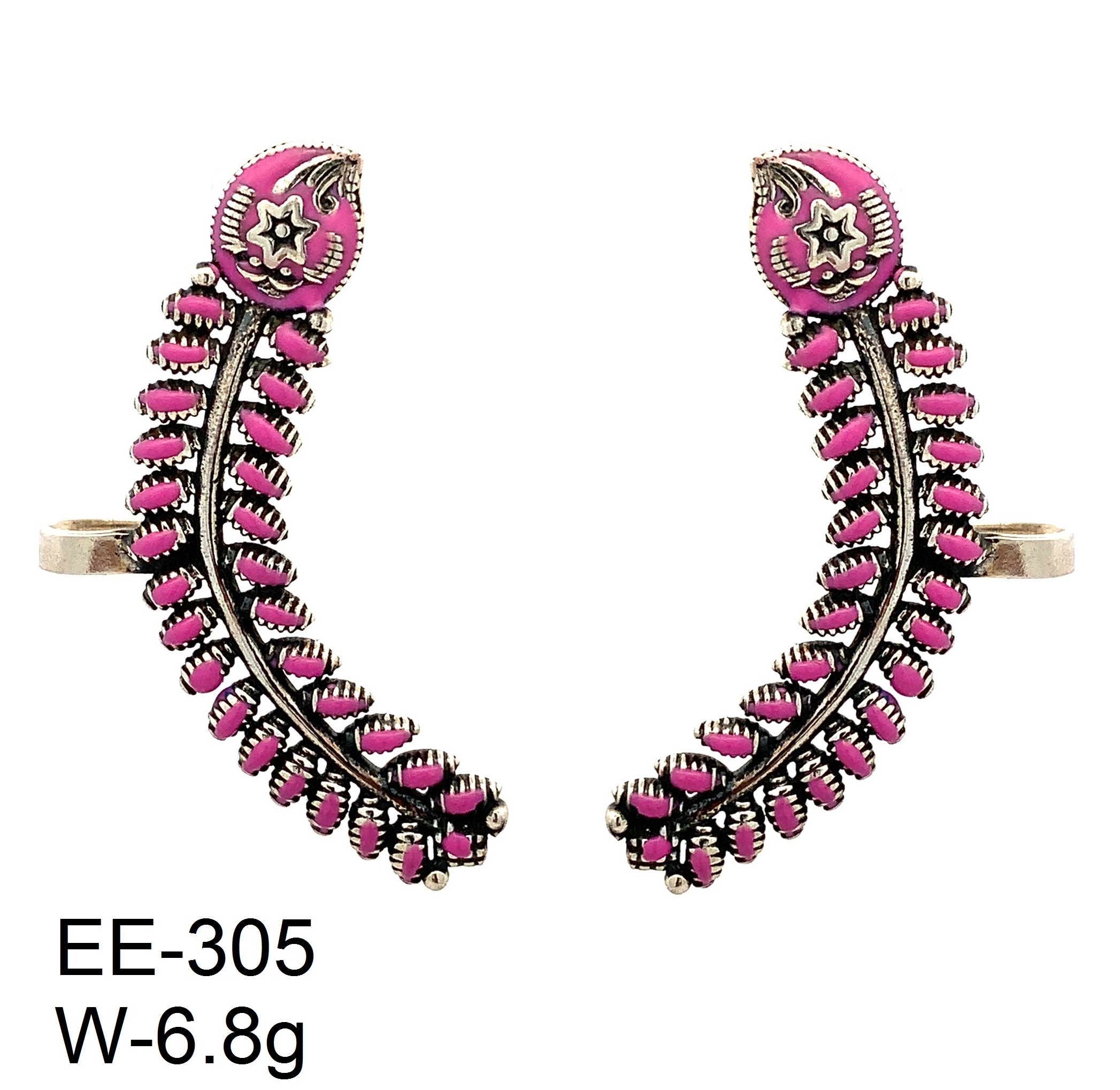Pink Enamel Leaf Curve Ear Cuff Earrings – 925 Sterling Silver Climber Design with Embossed Star Detail