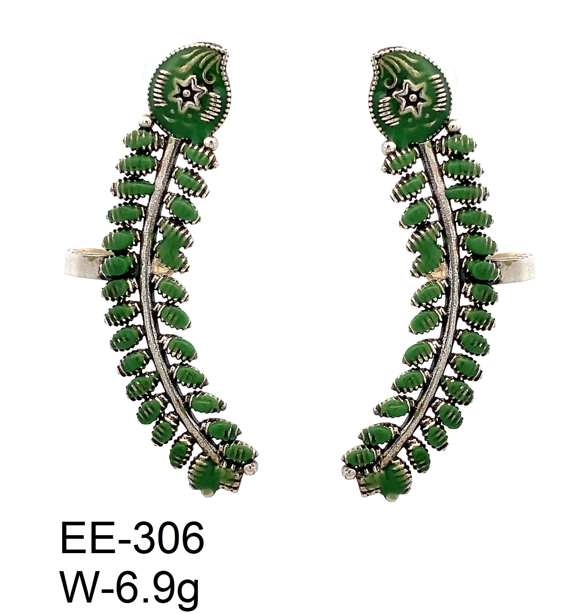 Green Enamel Leaf Ear Climber Earrings – 925 Sterling Silver with Embossed Star Design