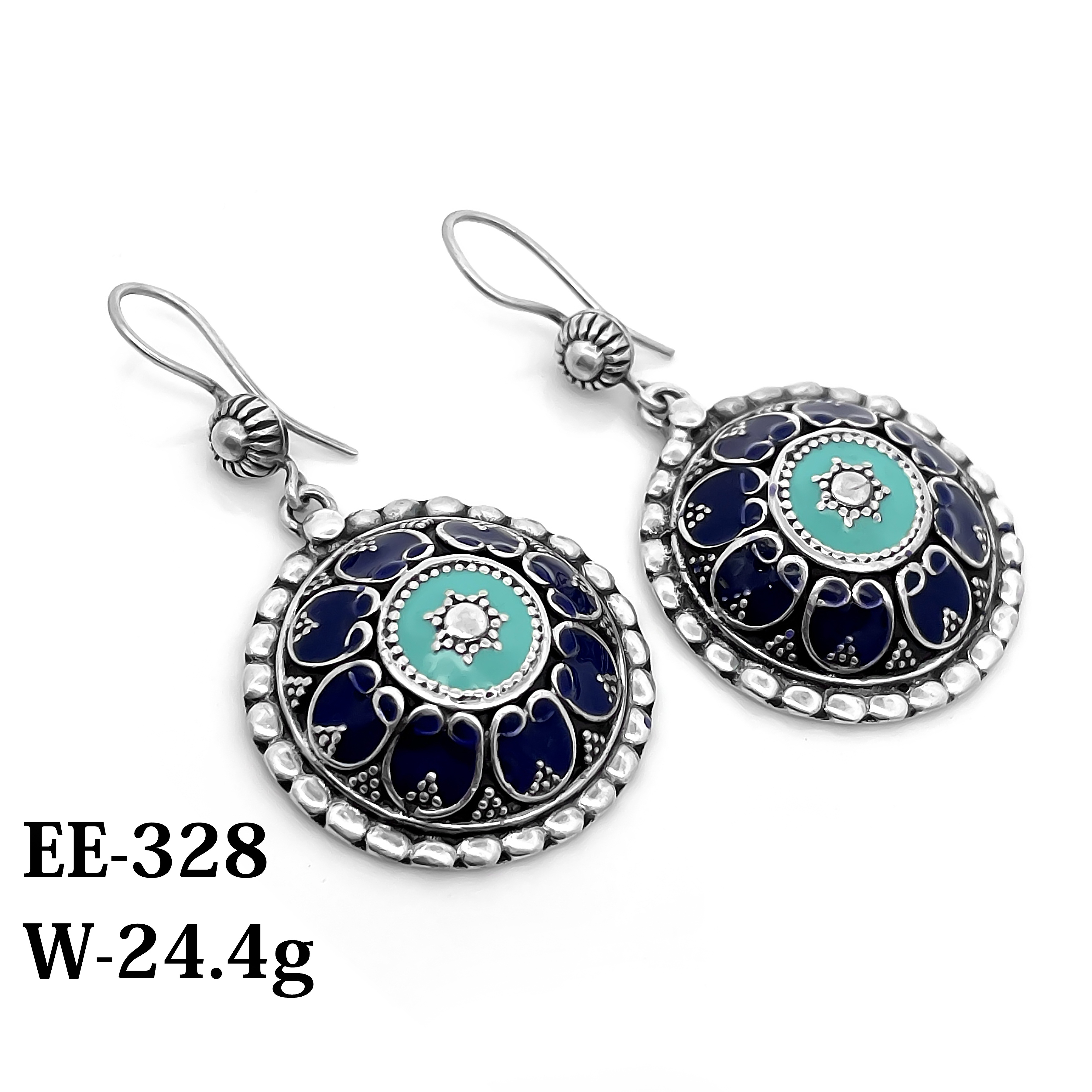 Green & Blue  Enamel  Hook Earrings 925 Sterling silver 