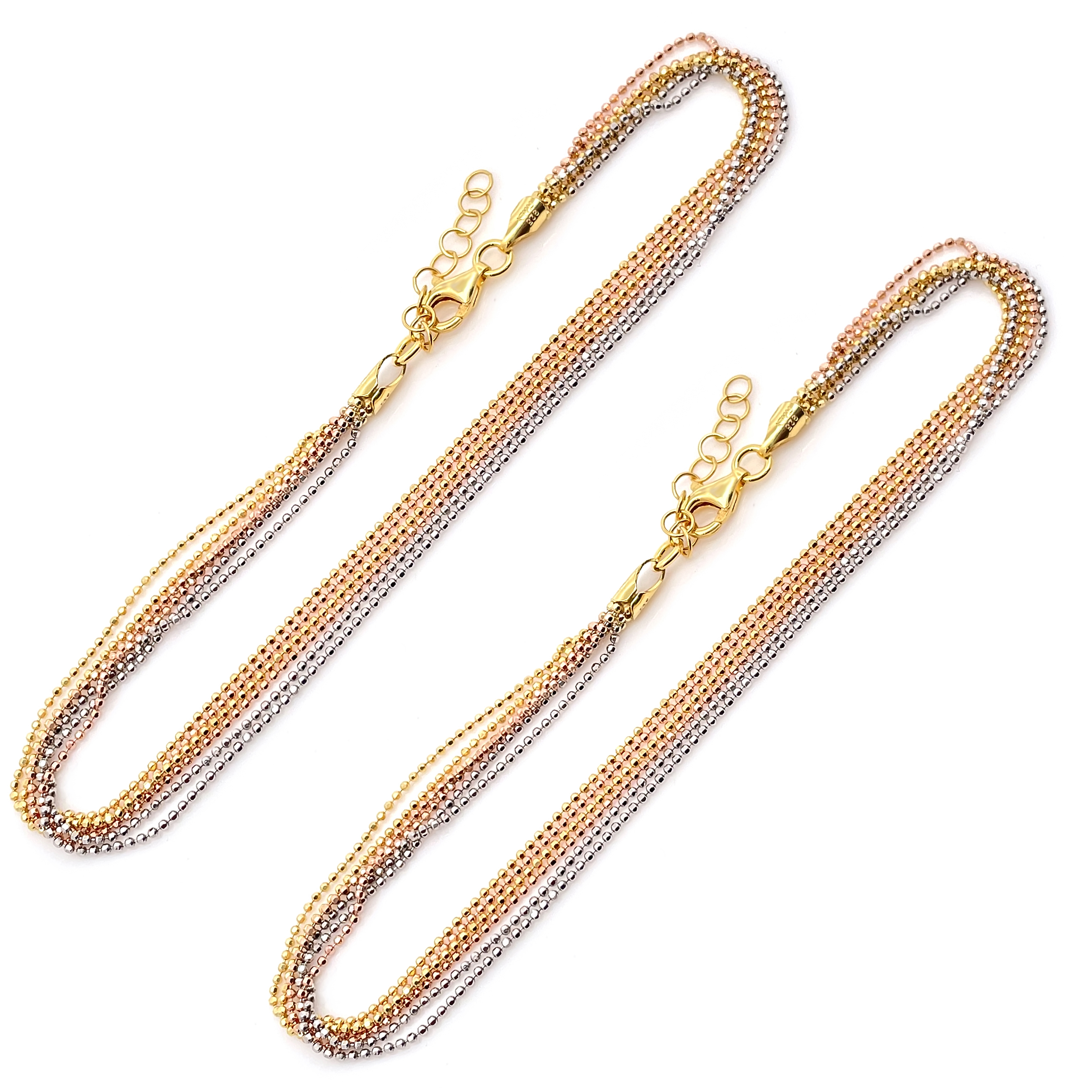 Elegant Multicolor Gold-Plated Triple Layer Beaded Anklets