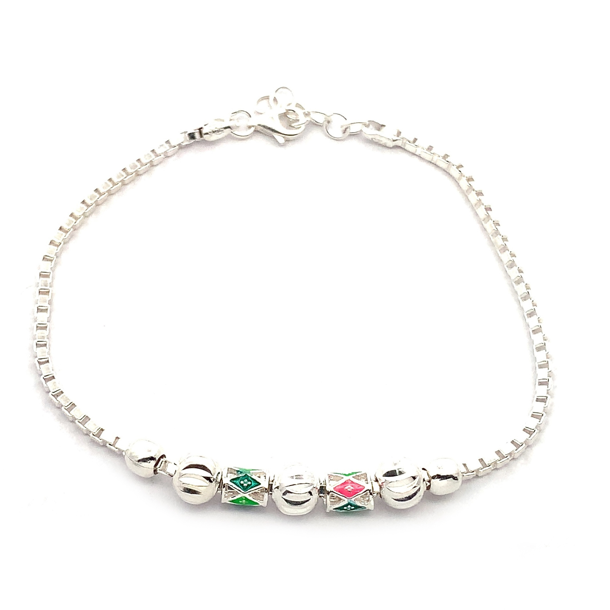 925 Sterling Silver Enamel Beaded Bracelet | Colorful Traditional Design with Green & Red Meenakari Work | Elegant Box Chain Bracelet