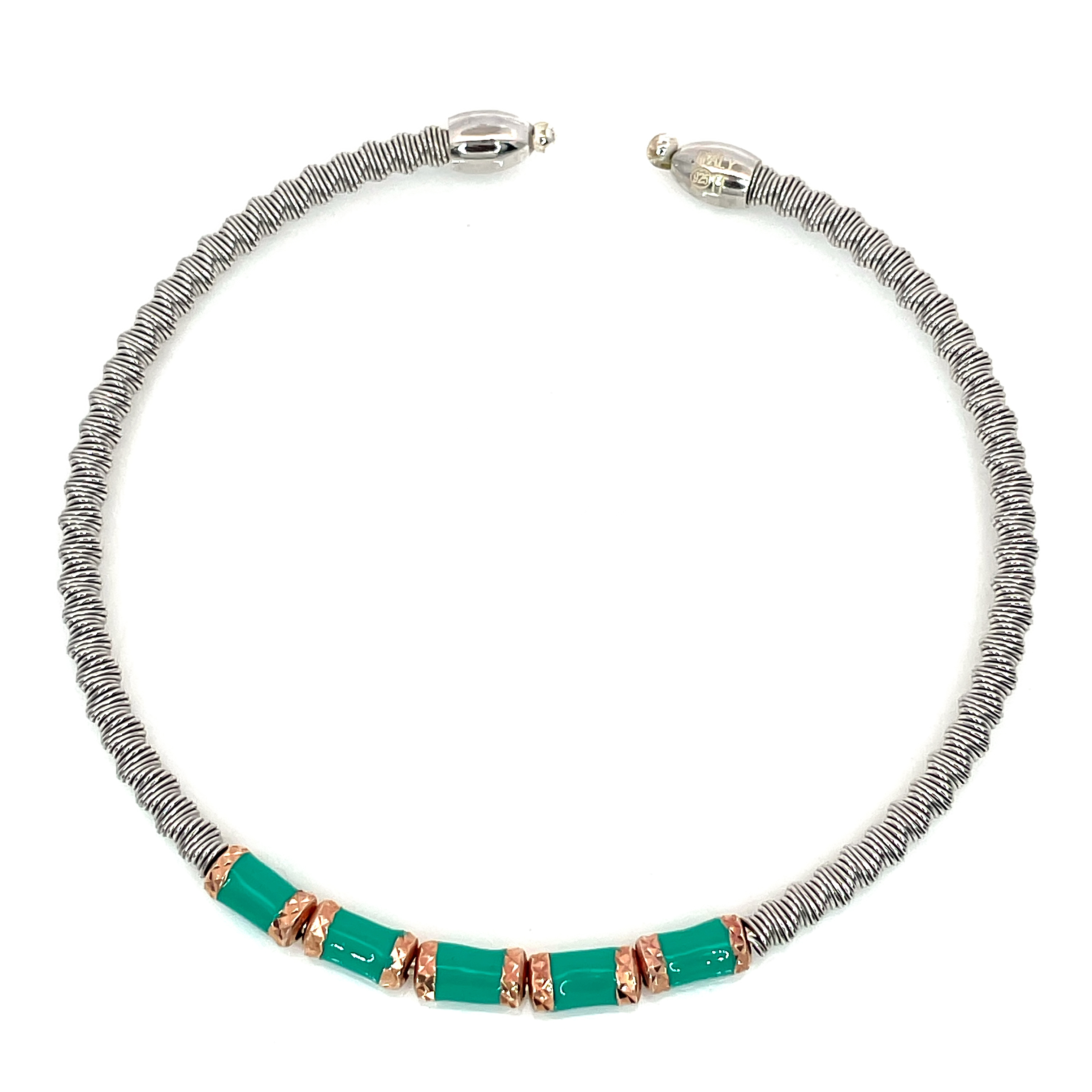 925 Sterling Silver Oxidized Bracelet with Green Enamel & Rose Gold Accents | Stylish Modern Fusion Design
