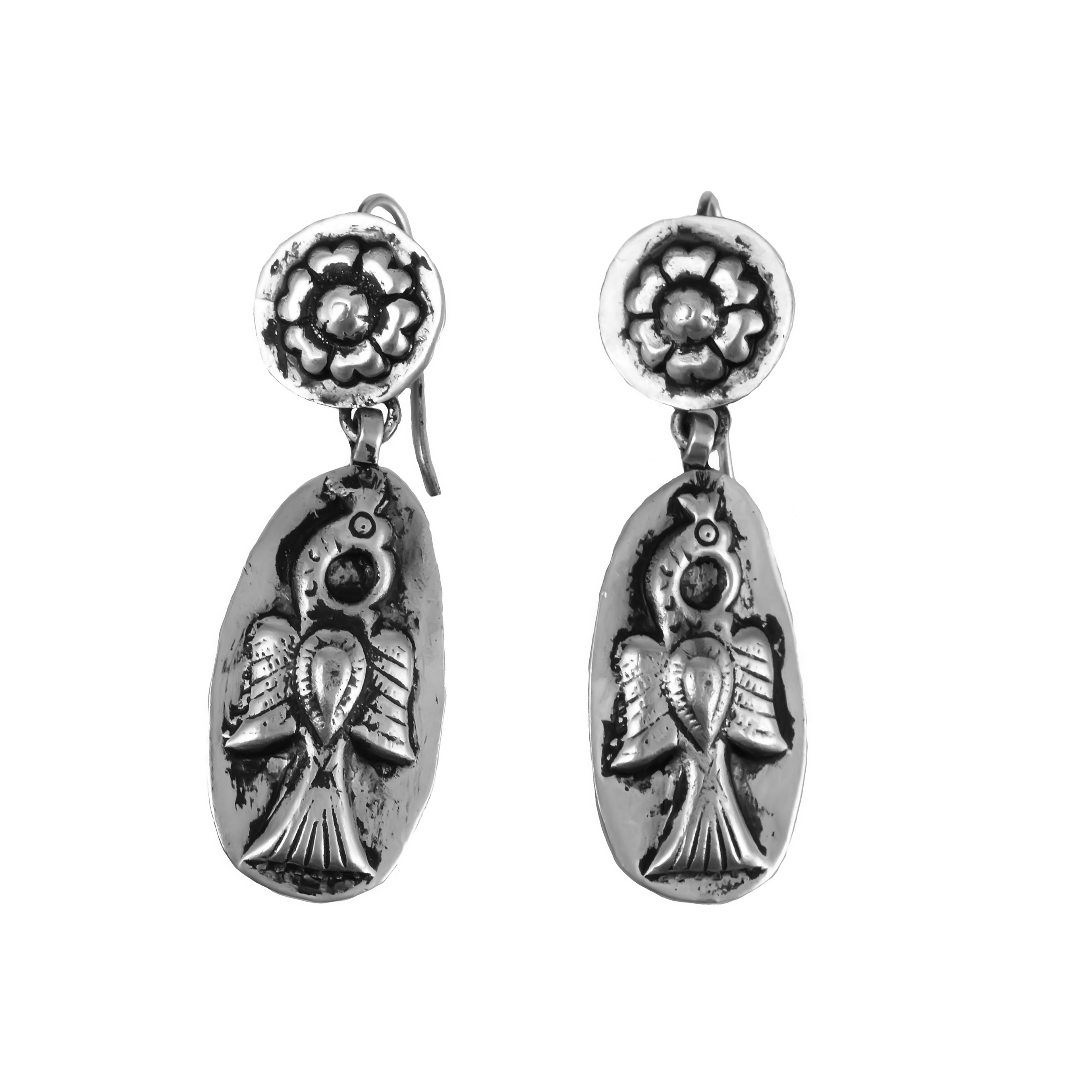  Drop earrings floral motif stud dangling bird-like figure  unique Traditional 925 Sterling Silver Earring