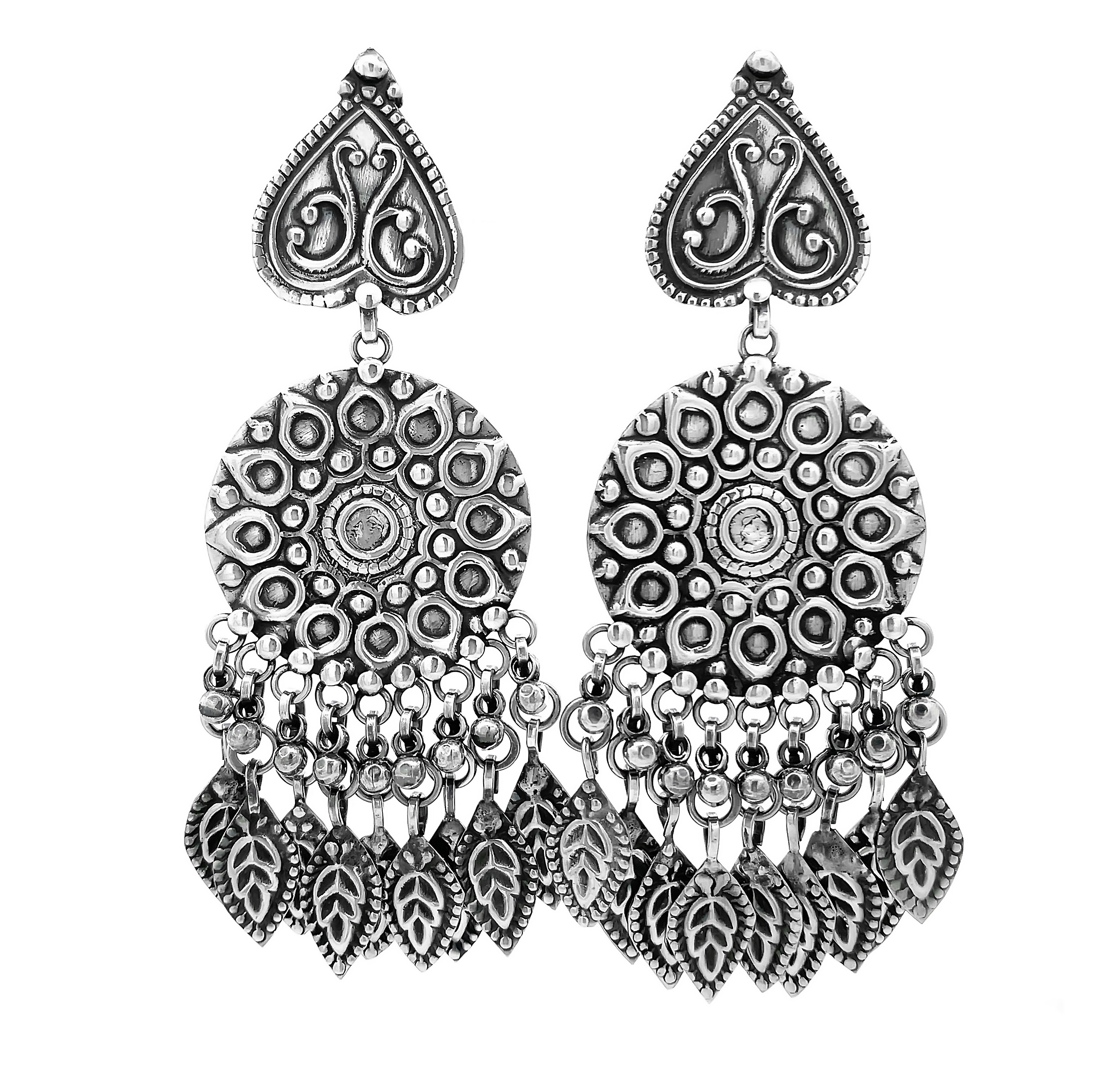 Oxidized Floral Leaf Tassel 925 Sterling Silver Dangle Earrings