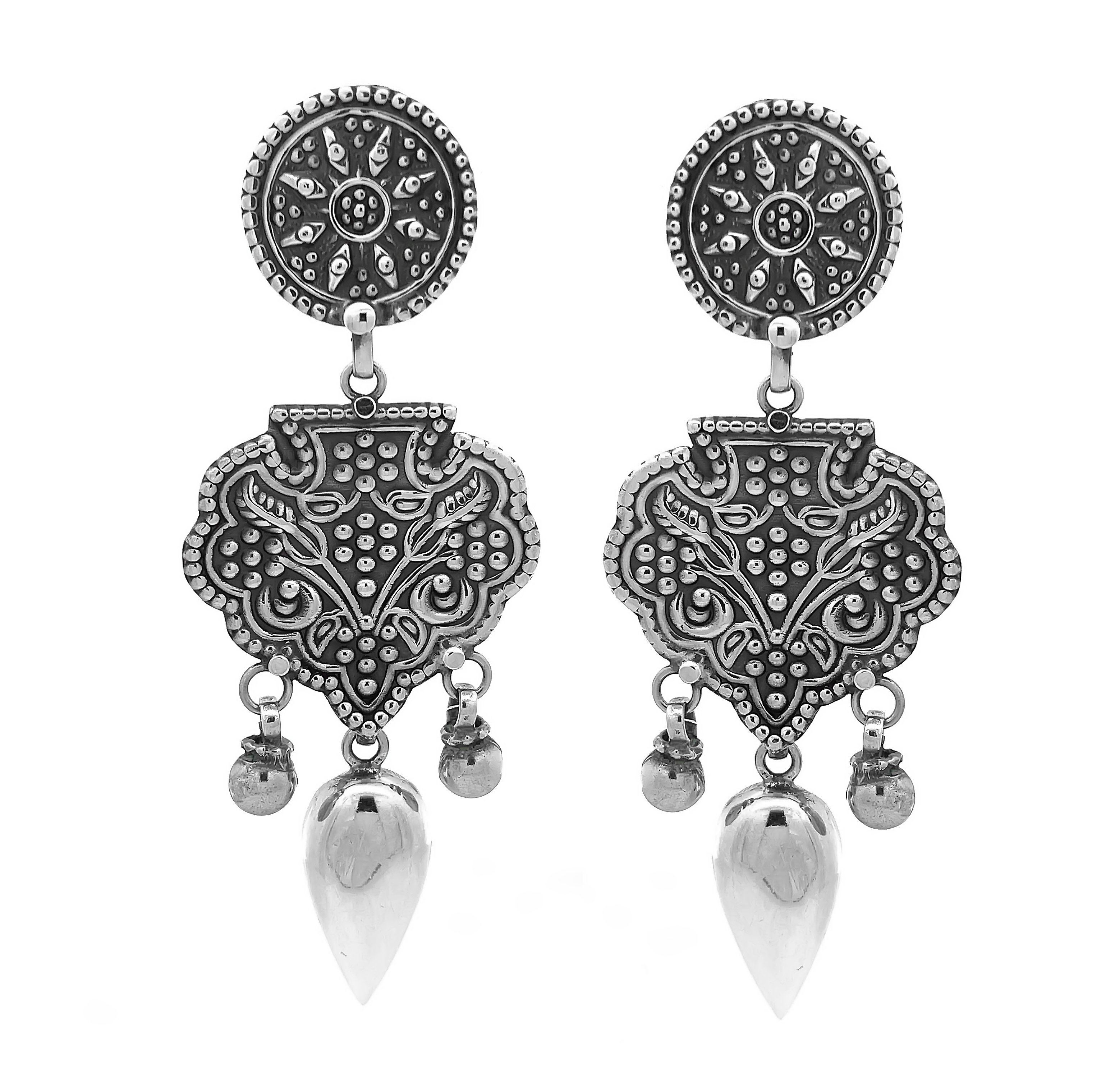 Ethnic Leaf & Shield Design 925 Sterling Silver Jhumka Style Earrings