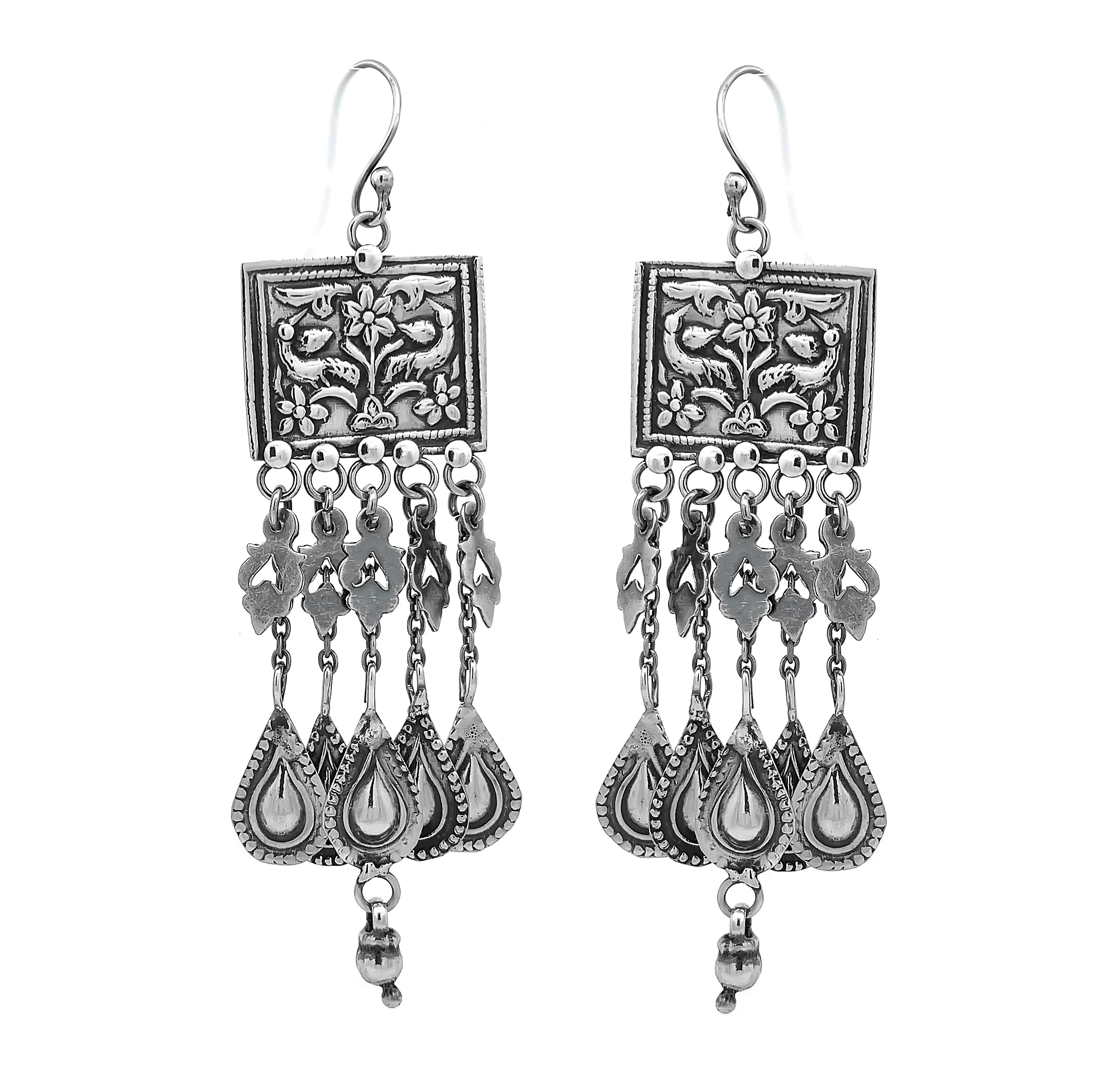 Floral Engraved Rectangle Oxidized 925 Sterling Silver Dangle Earrings