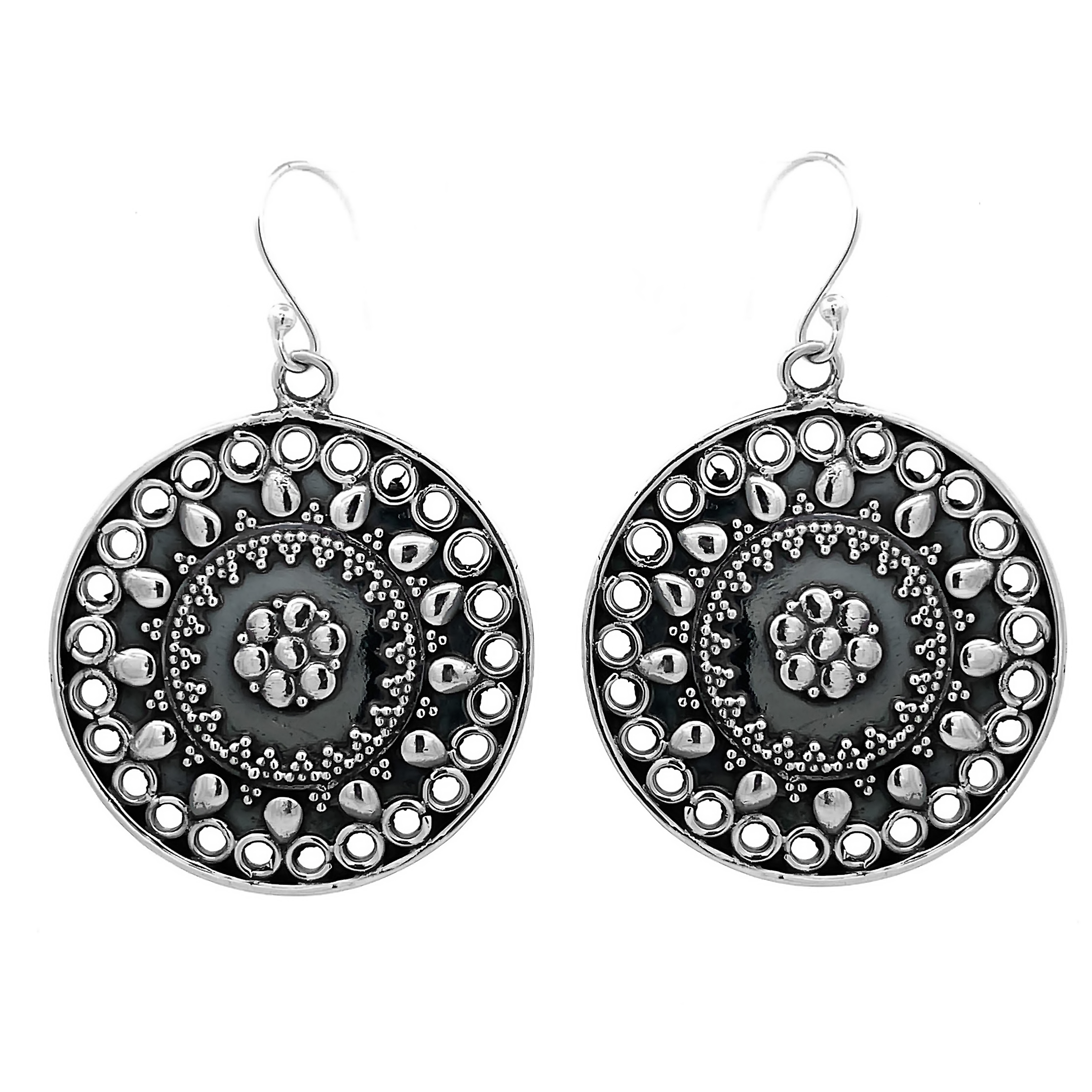 Bohemian Style Round Oxidized 925 Sterling Silver Hook Earrings