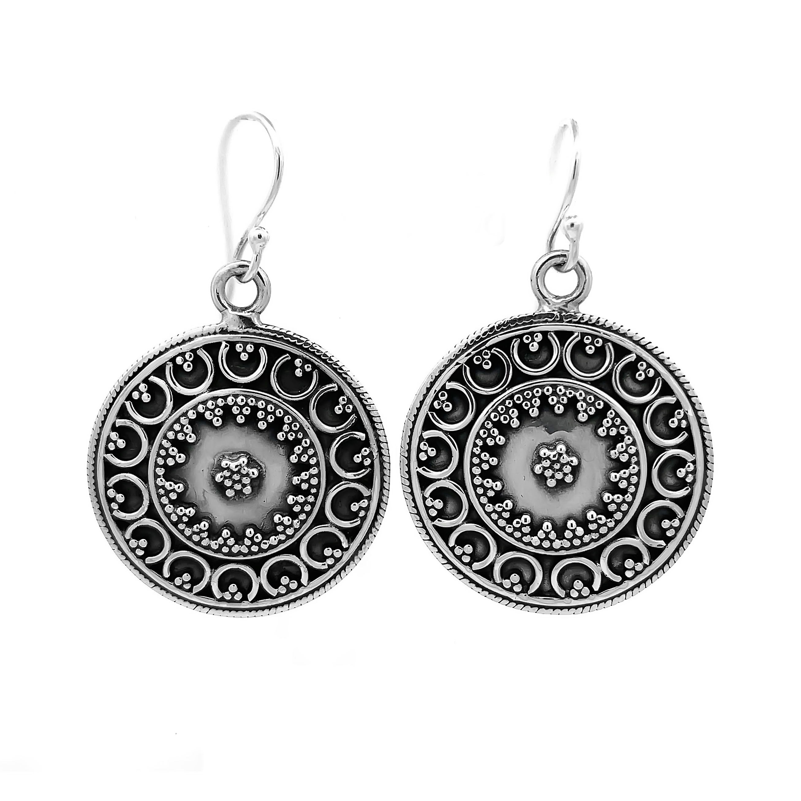 Handcrafted Circular Pattern Oxidized 925 Sterling Silver Dangle Hook Earrings