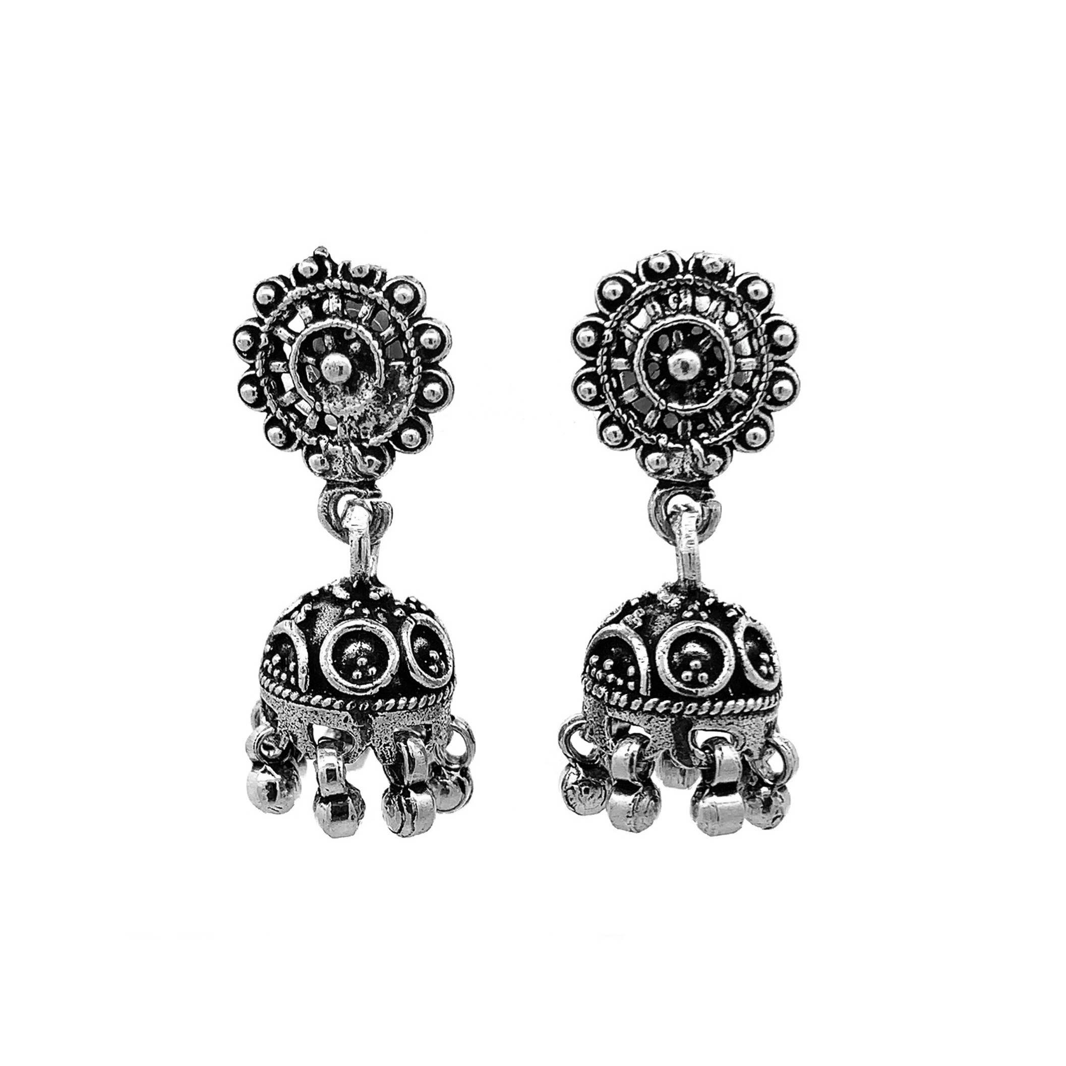 Oxidized Floral Dome Design 925 Sterling Silver Jhumka Earrings