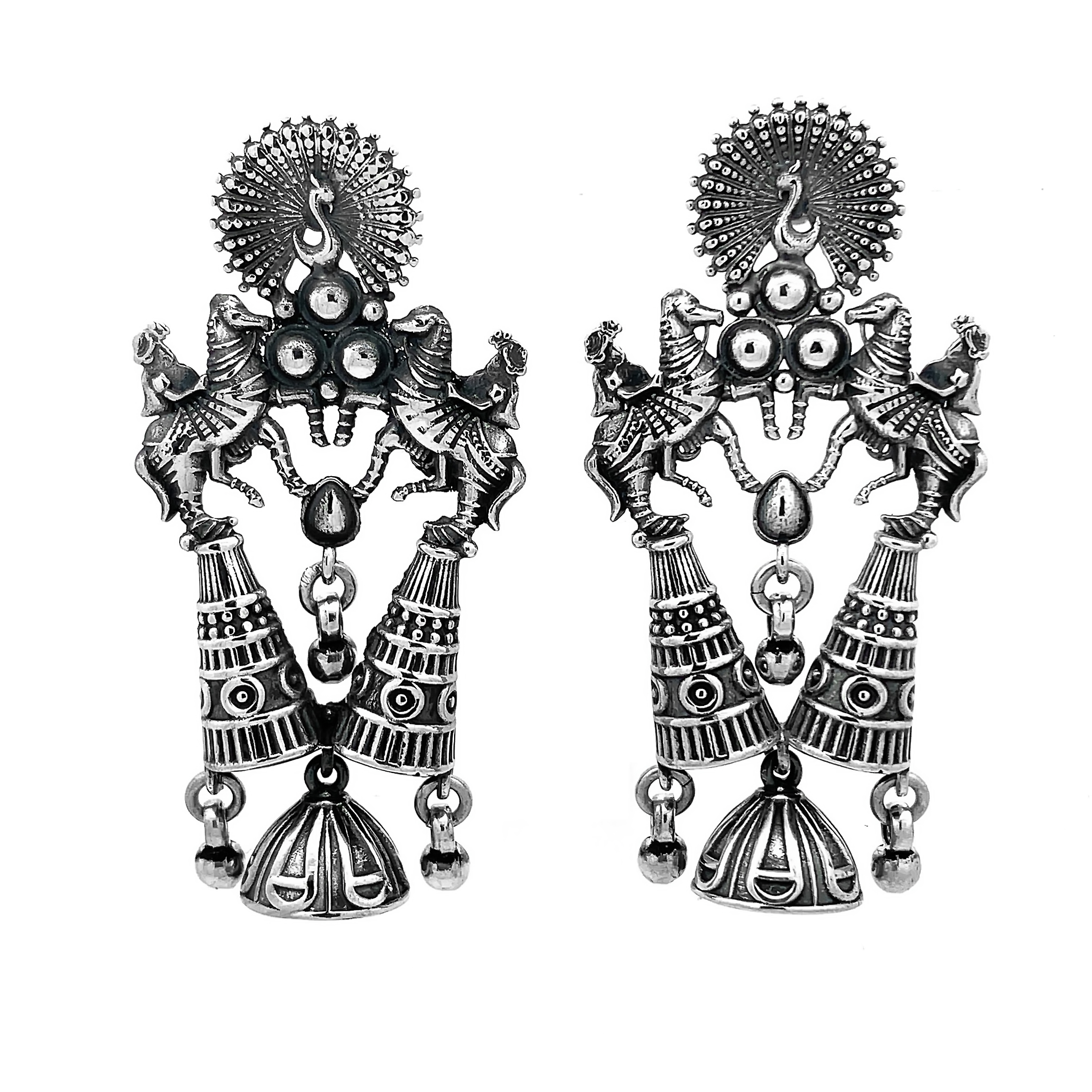 Temple Art Peacock & Horse Motif Oxidized 925 Sterling Silver Earrings