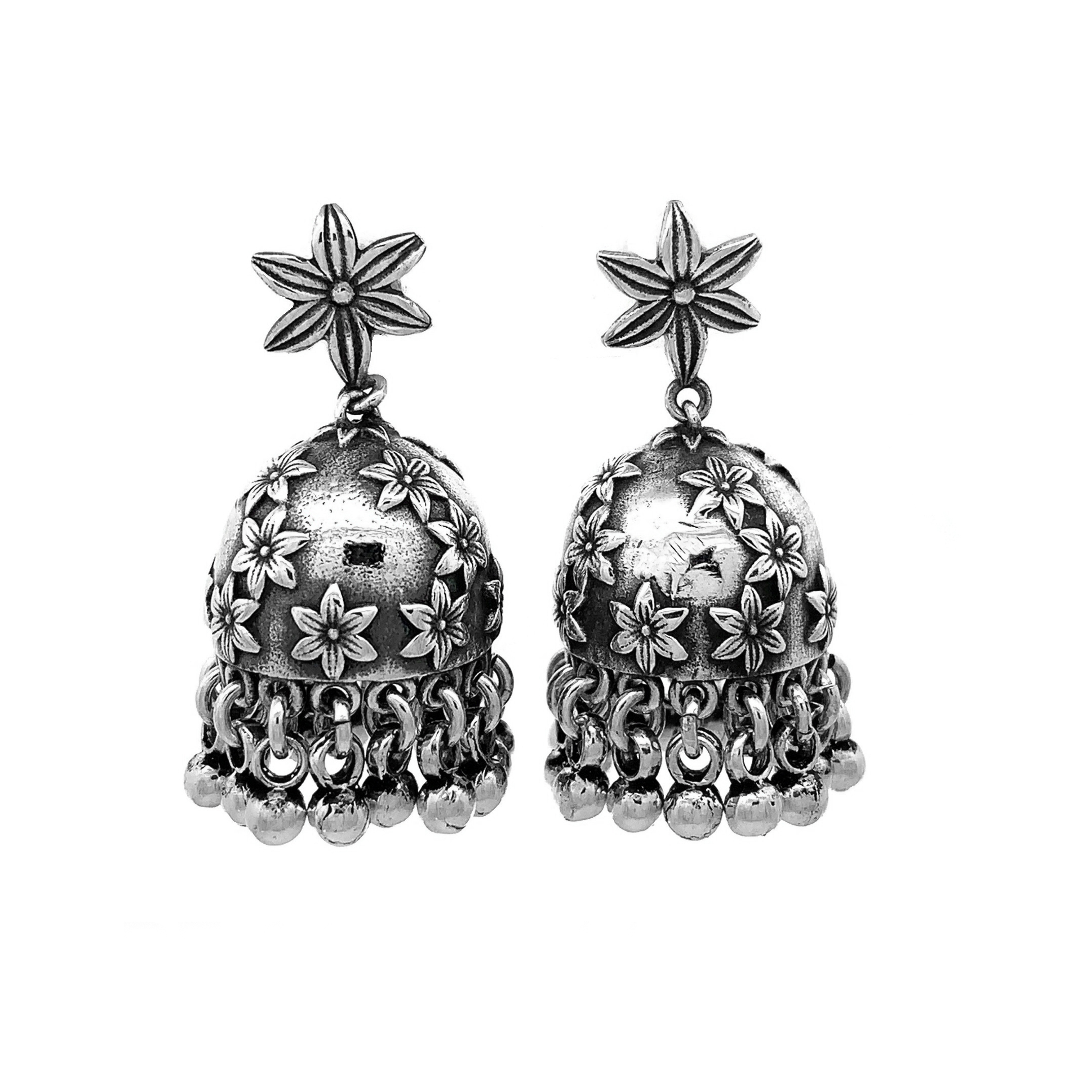 925 Sterling Silver Star Motif Drop Jhumka Earrings
