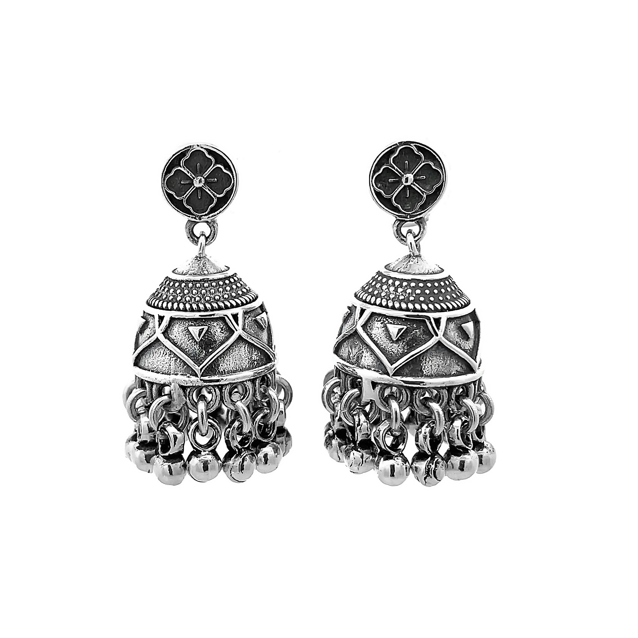 Ethnic Oxidized Floral Dome Design 925 Sterling Silver Earrings