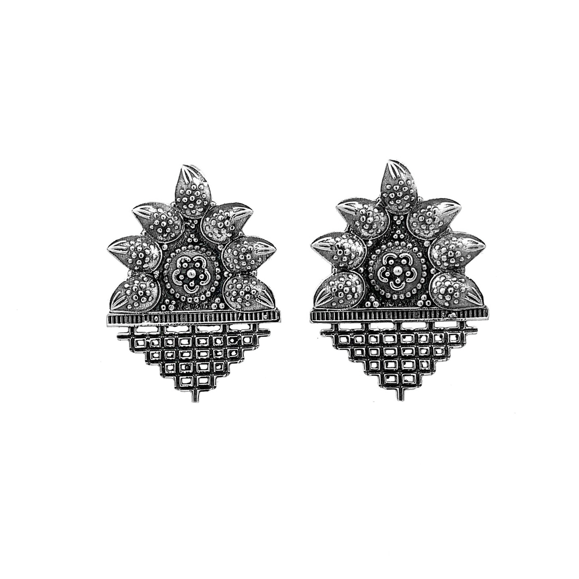 Traditional Lotus Blossom Oxidized Silver Earrings