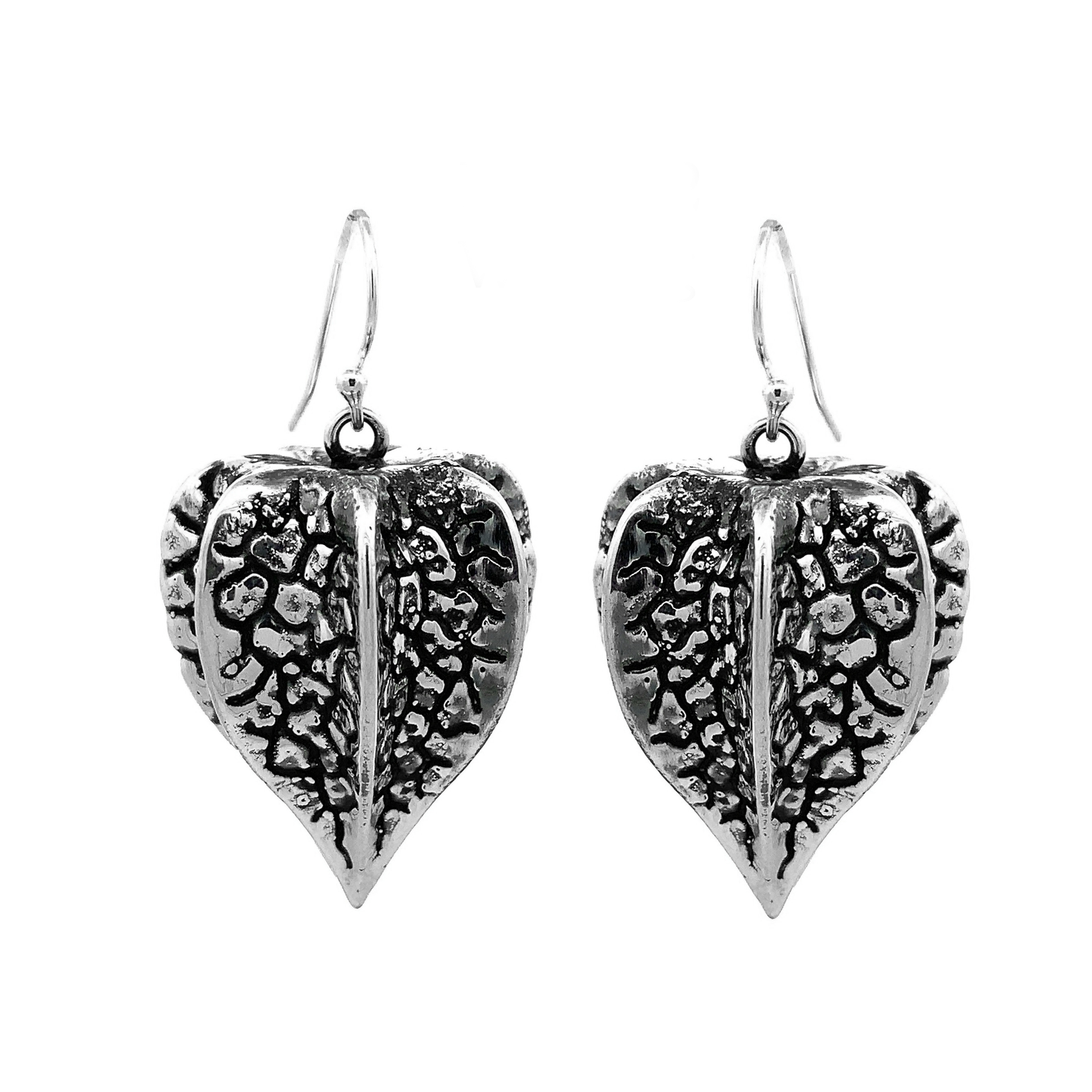 925 Sterling Silver Peepal Leaf Textured Dangle Groundcherries Earrings