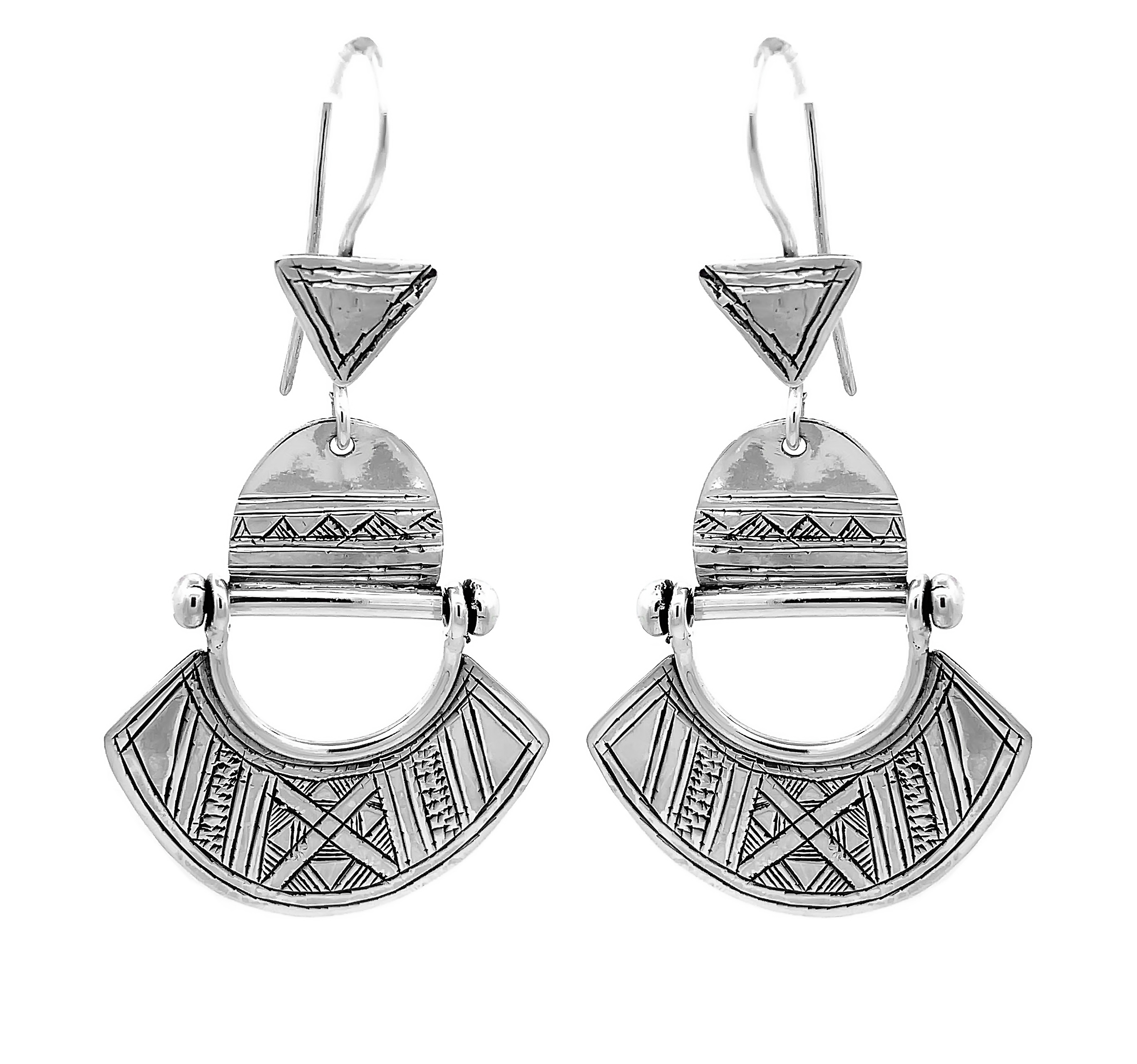 Vintage Engraved 925 Sterling Silver Geometric Tribal Dangle Hook Earrings