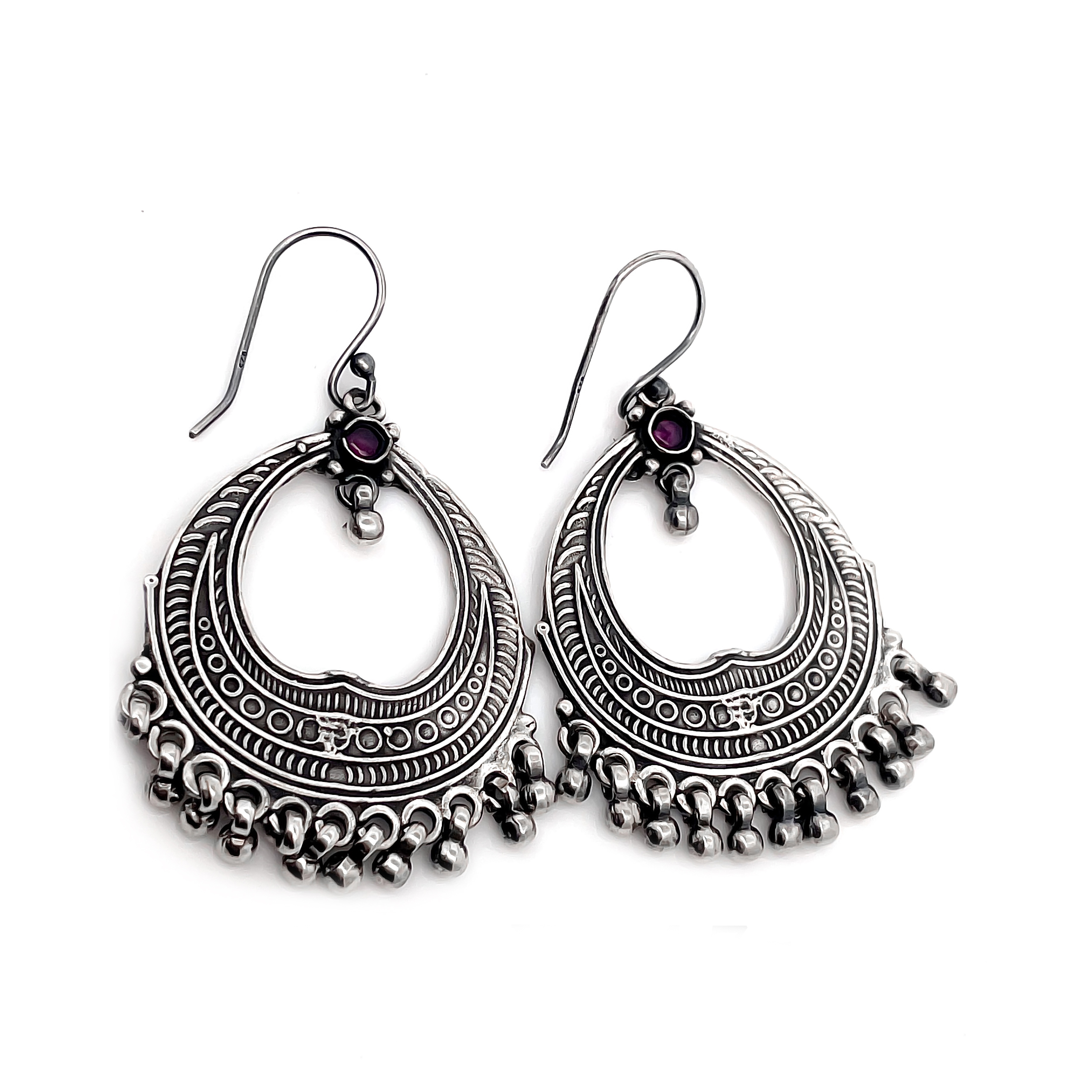 Vintage Style 925 Silver Drop Earrings with Beaded Fringe and Purple Stone