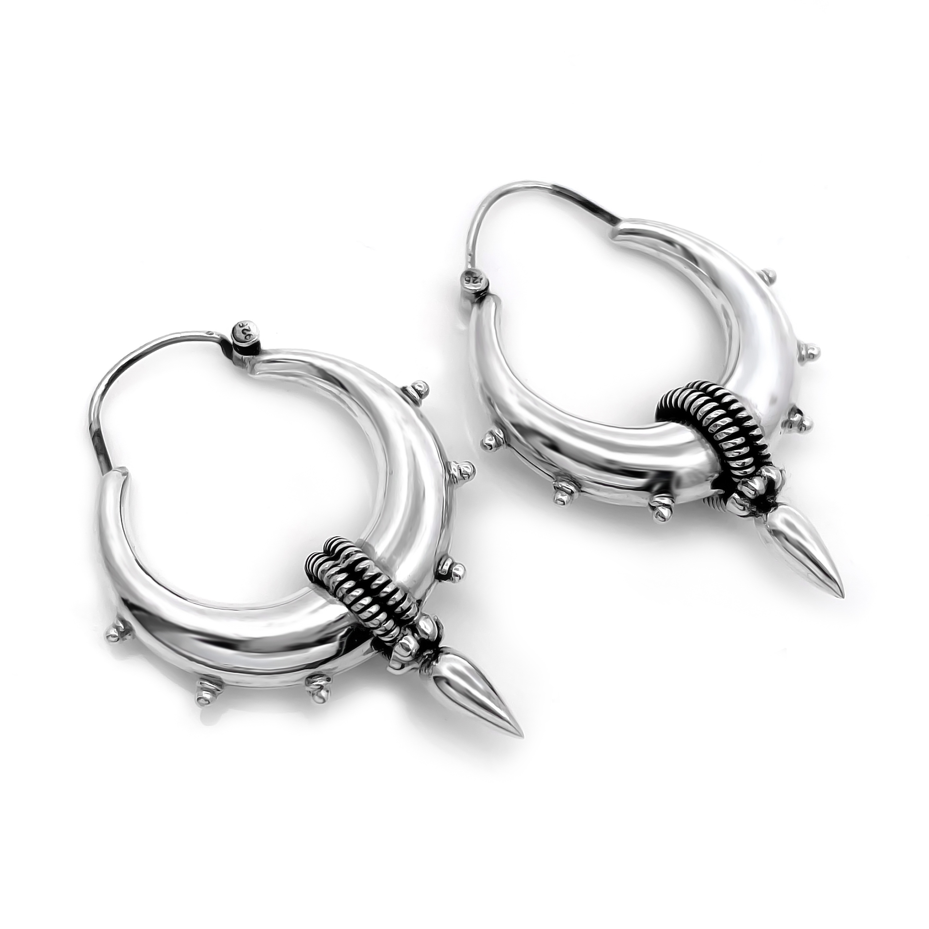 925 Sterling Silver Tribal Hoop Earrings with Bold Spike Design