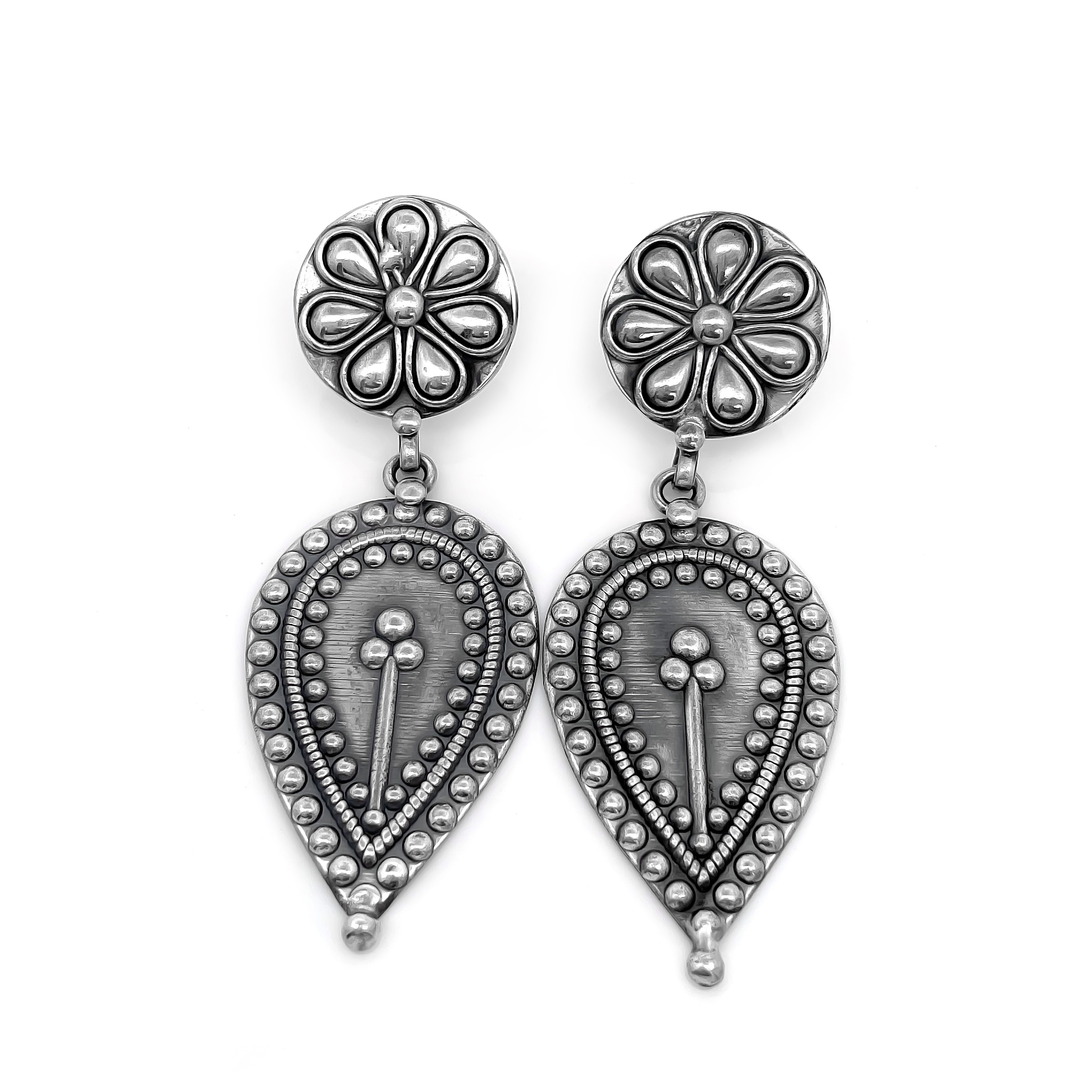 925 Sterling Silver Floral Drop Earrings with Tribal Teardrop Design