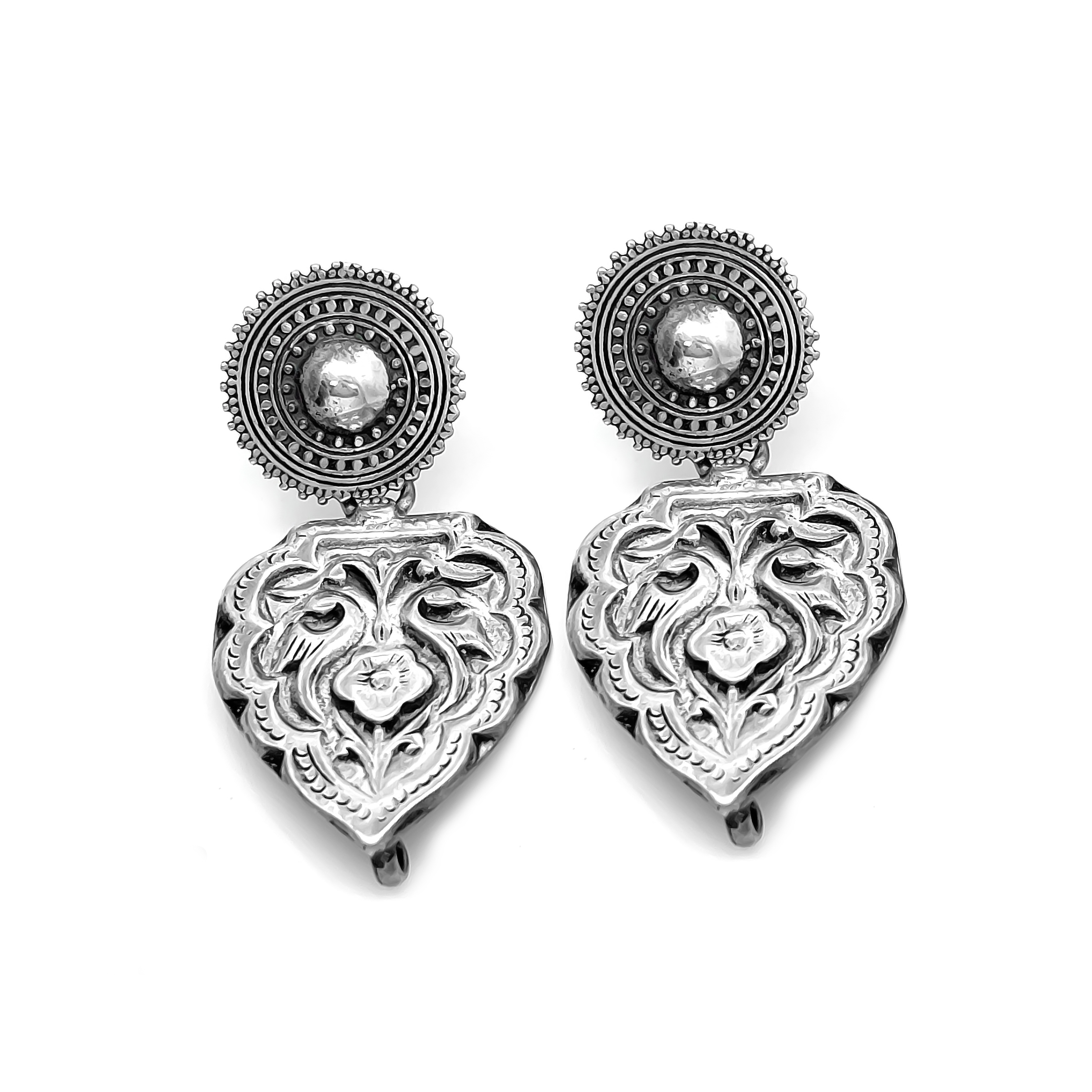 925 Sterling Silver Antique Floral Shield Drop Earrings