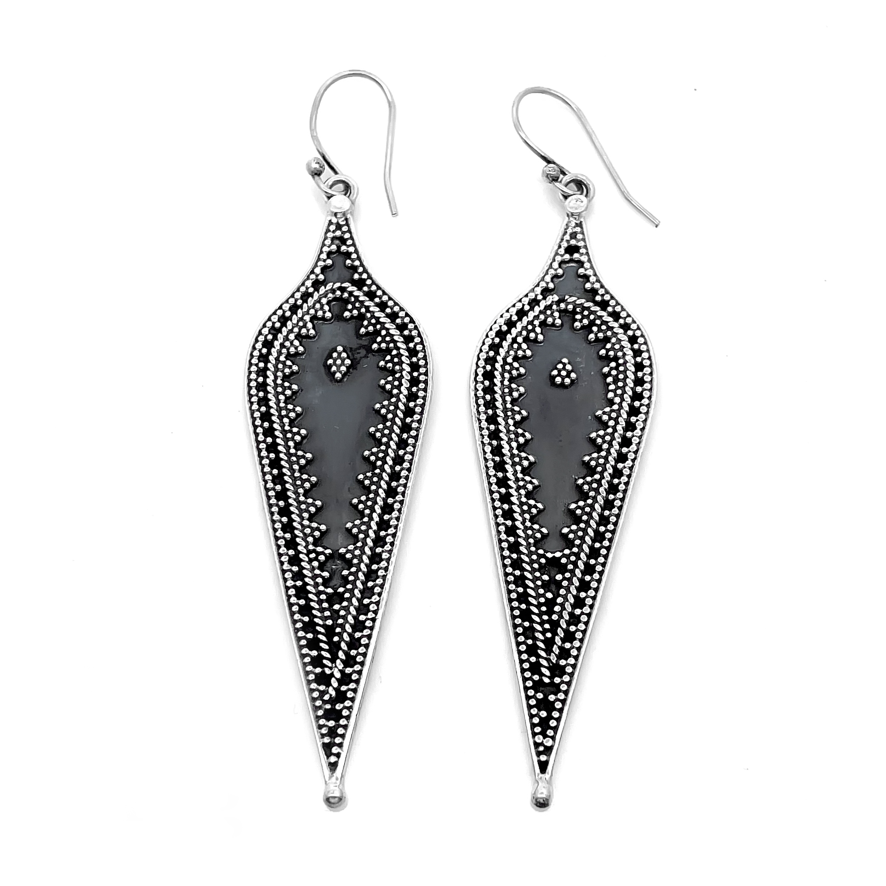 925 Sterling Silver Long Teardrop Tribal Hook Earrings