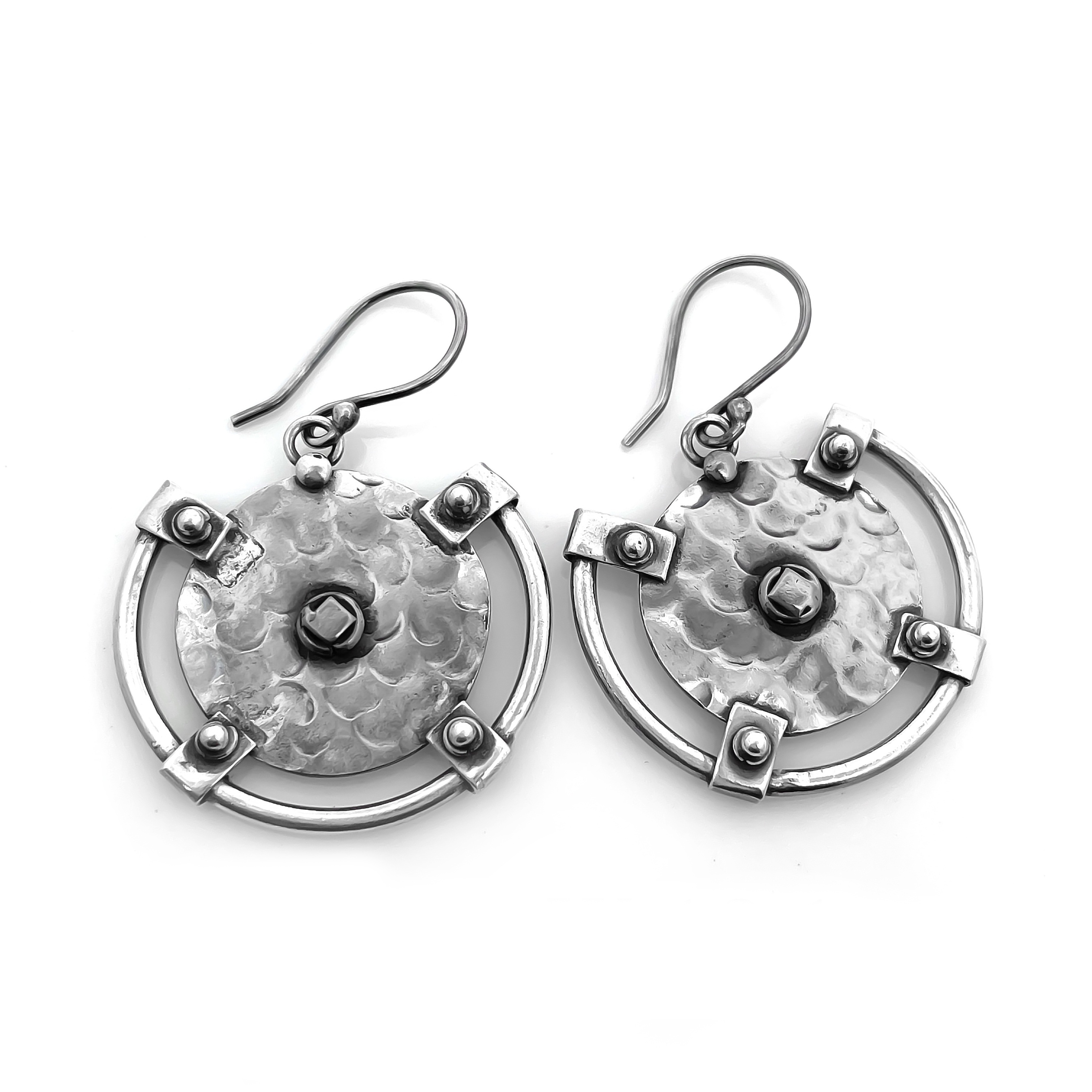 925 Sterling Silver Hammered Circular Drop Hook Earrings