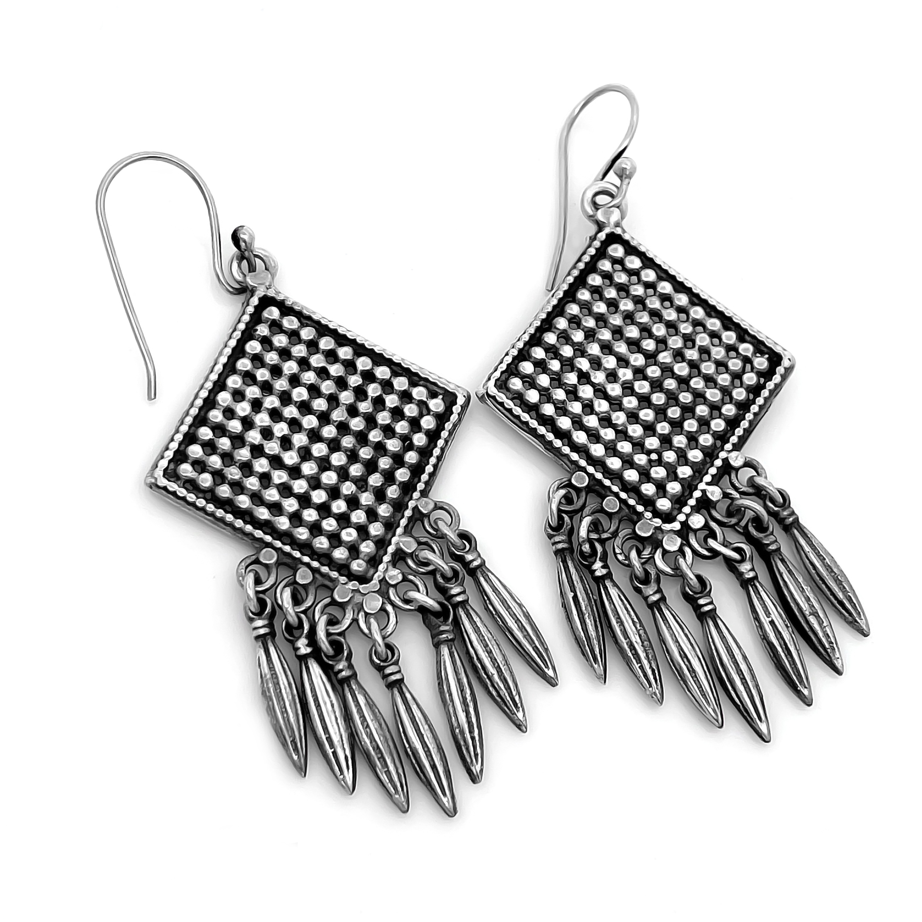 925 Sterling Silver Tribal Square Dangle Earrings with Drop Charms