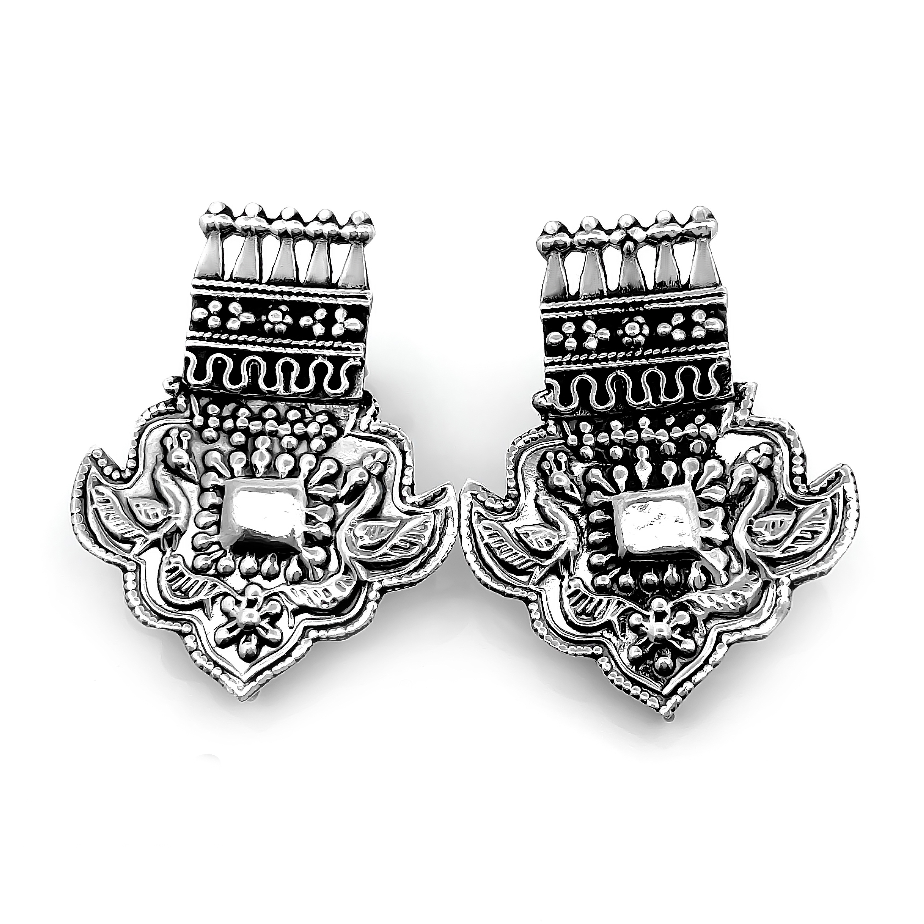 925 Sterling Silver Lotus and Peacock Temple Earrings with Intricate Floral Design