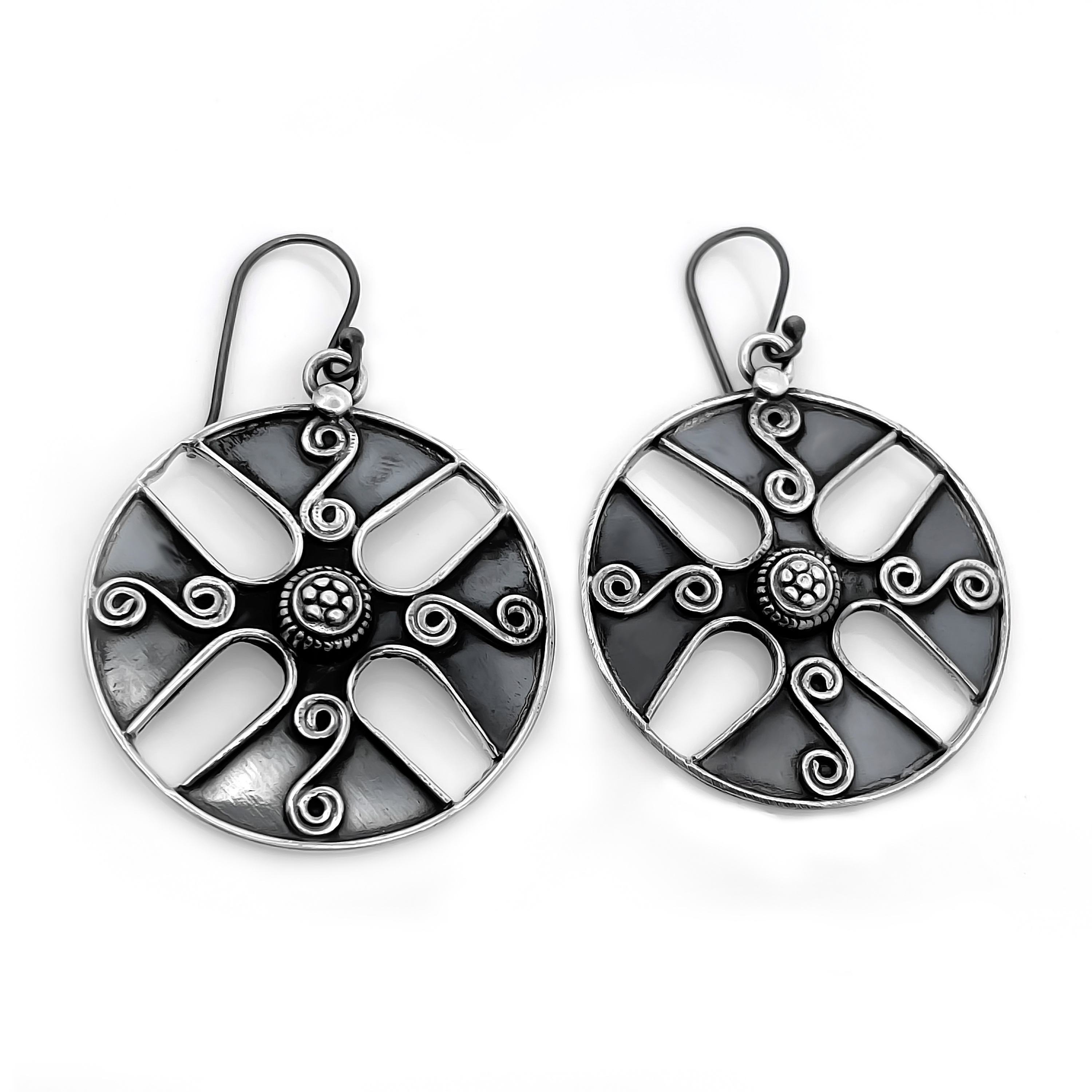 925 Sterling Silver Traditional Oxidized Spiral Wheel Earrings