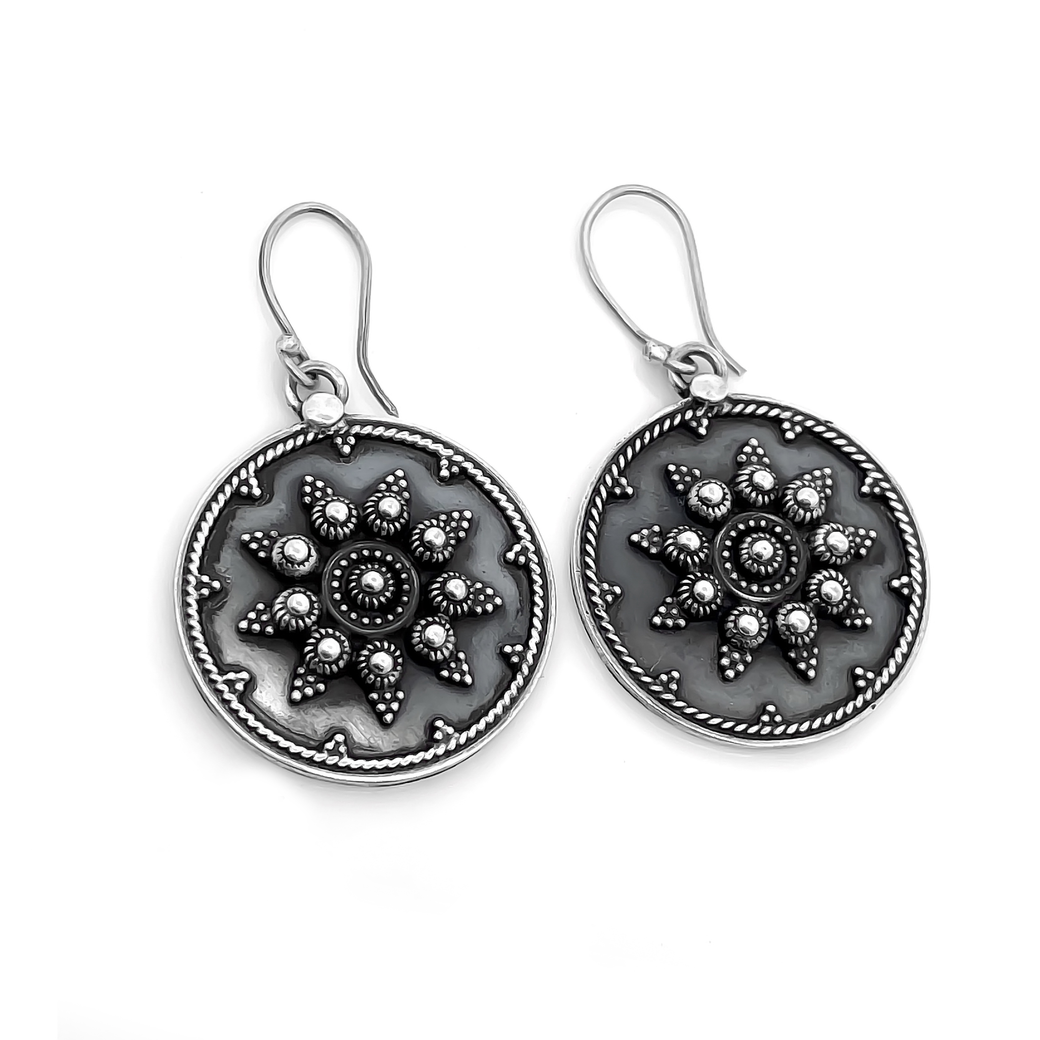 925 Sterling Silver Traditional Oxidized Sun Motif Earrings