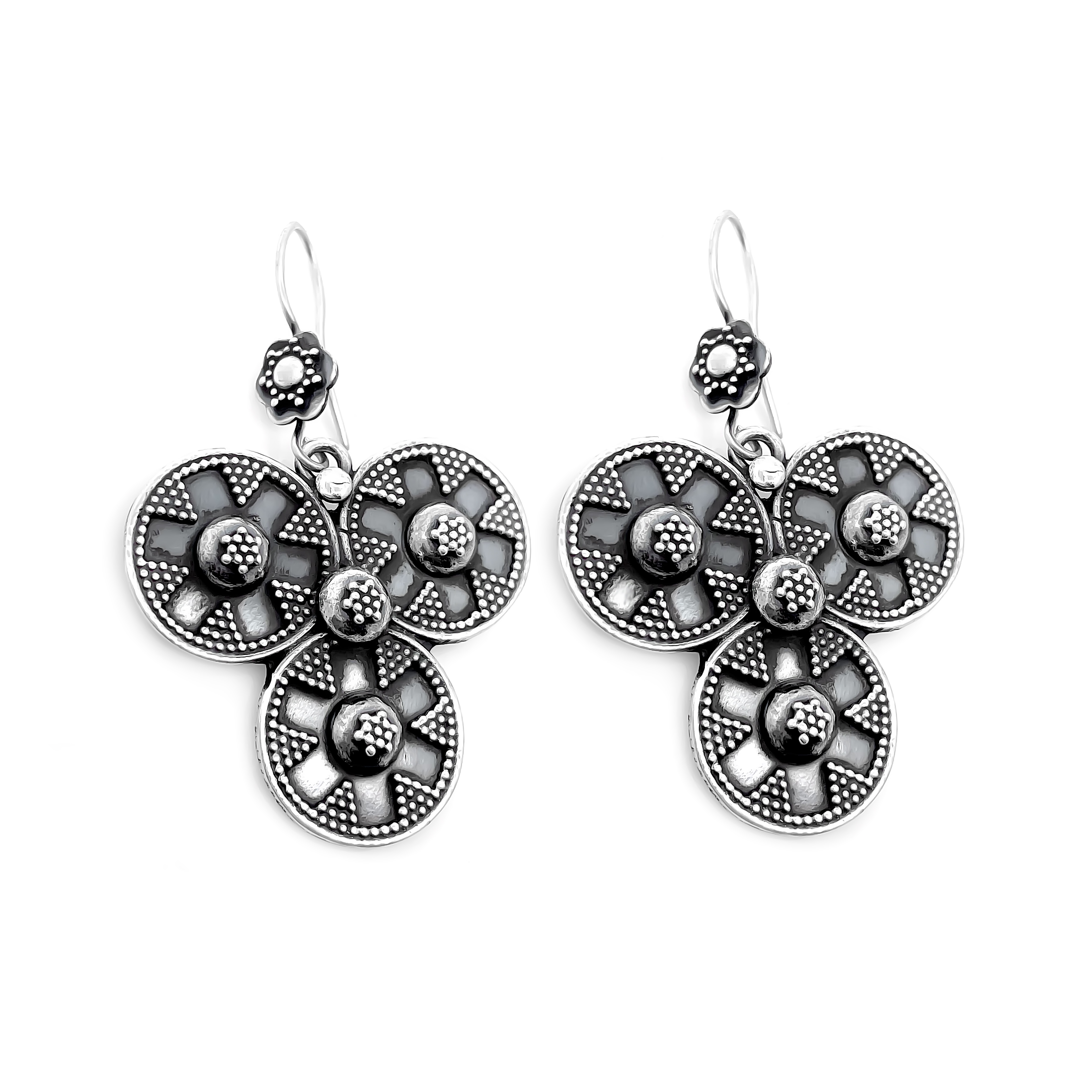 925 Sterling Silver Oxidized Floral Cluster Earrings