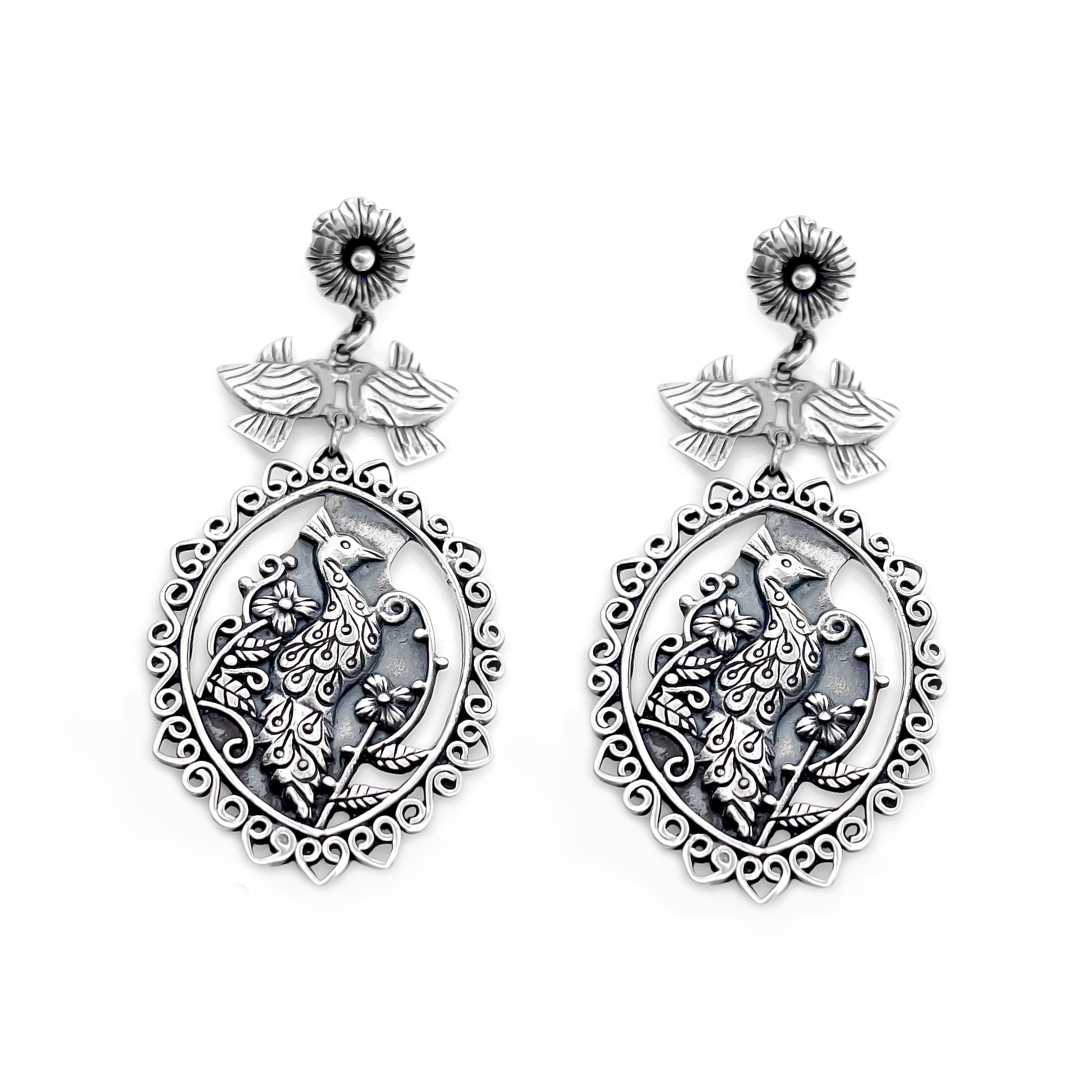 925 Sterling Silver Oxidized Peacock & Bird Motif Earrings