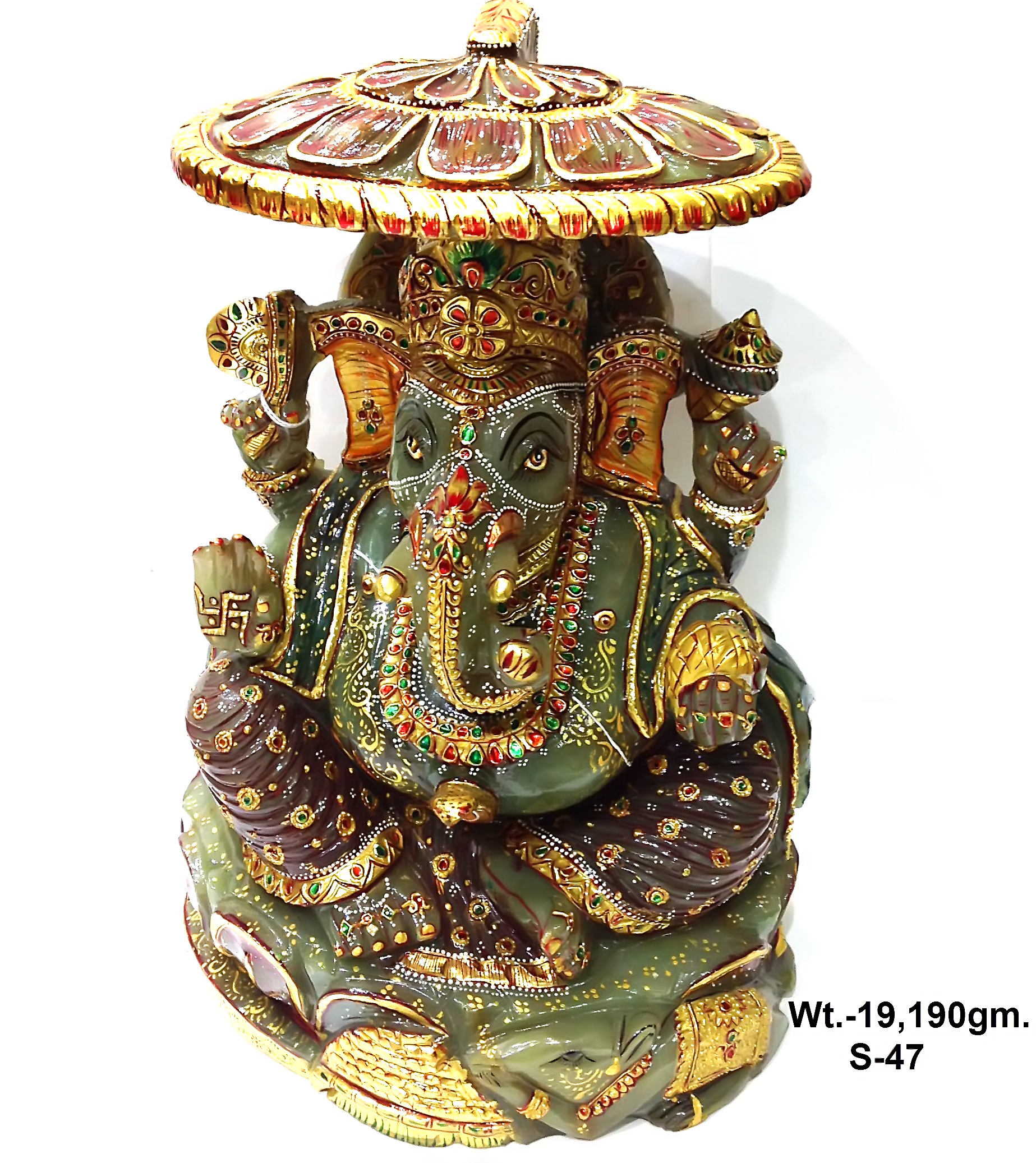Natural Zed Stone Ganesha Under Decorative Chhatri Idol