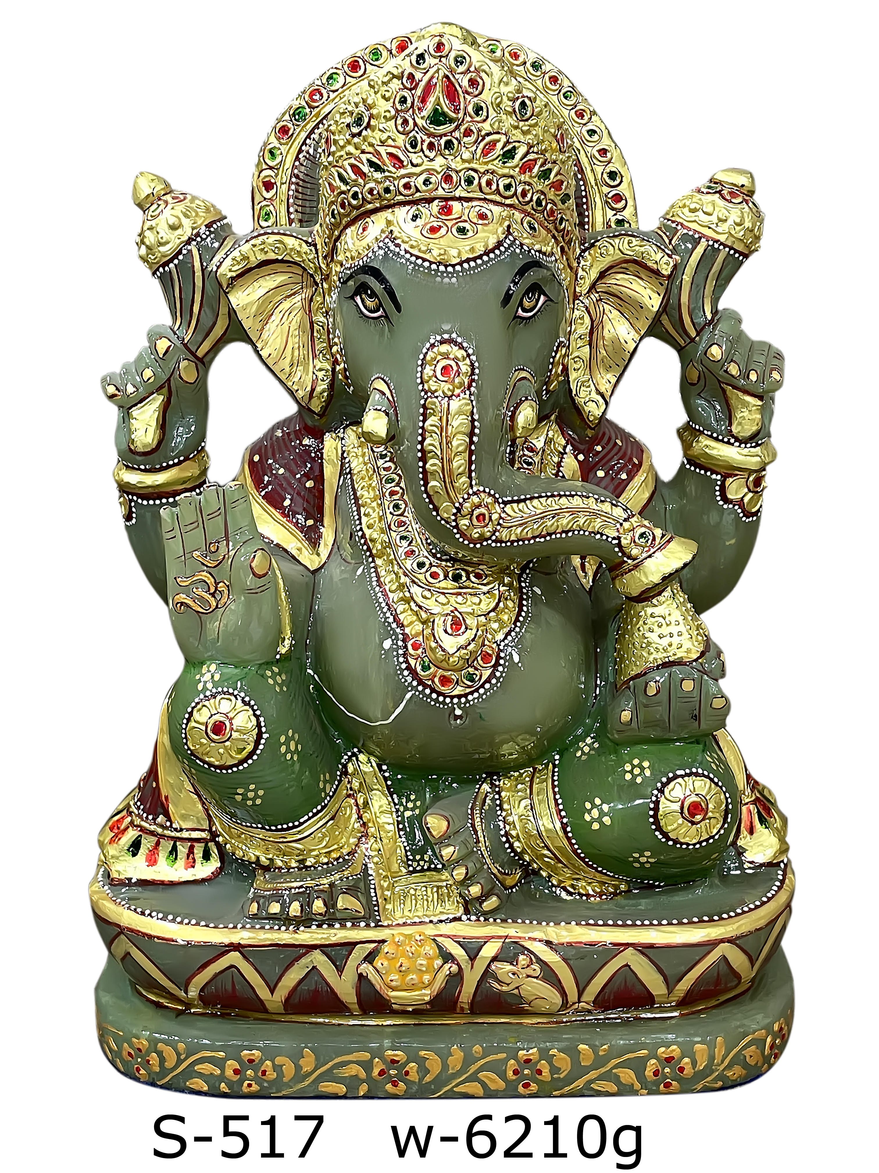 Natural Zed Stone Lord Ganesha Idol with Gold Work | Decorative Ganesh 