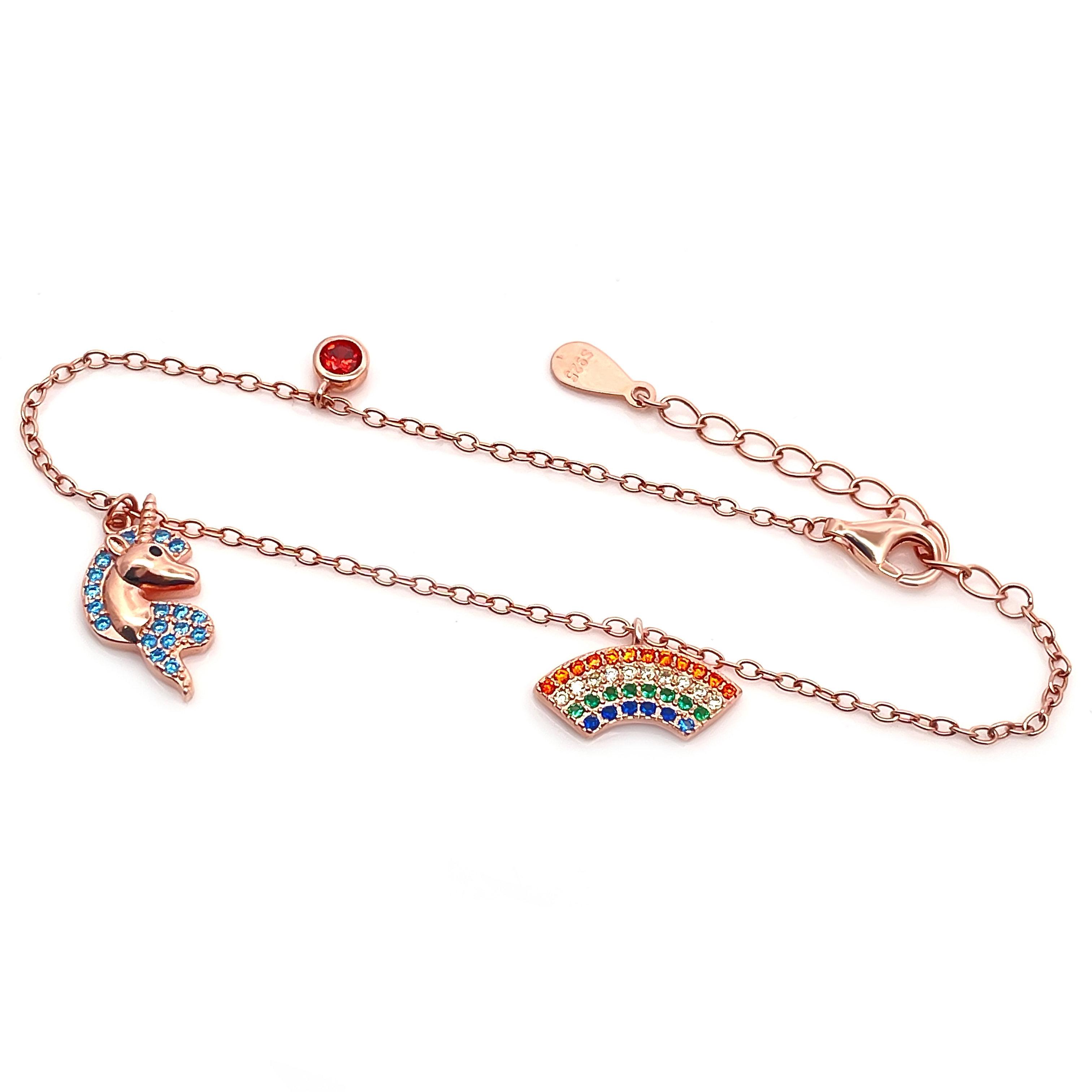 Unicorn & Rainbow CZ Rose Gold 925 Silver Bracelet