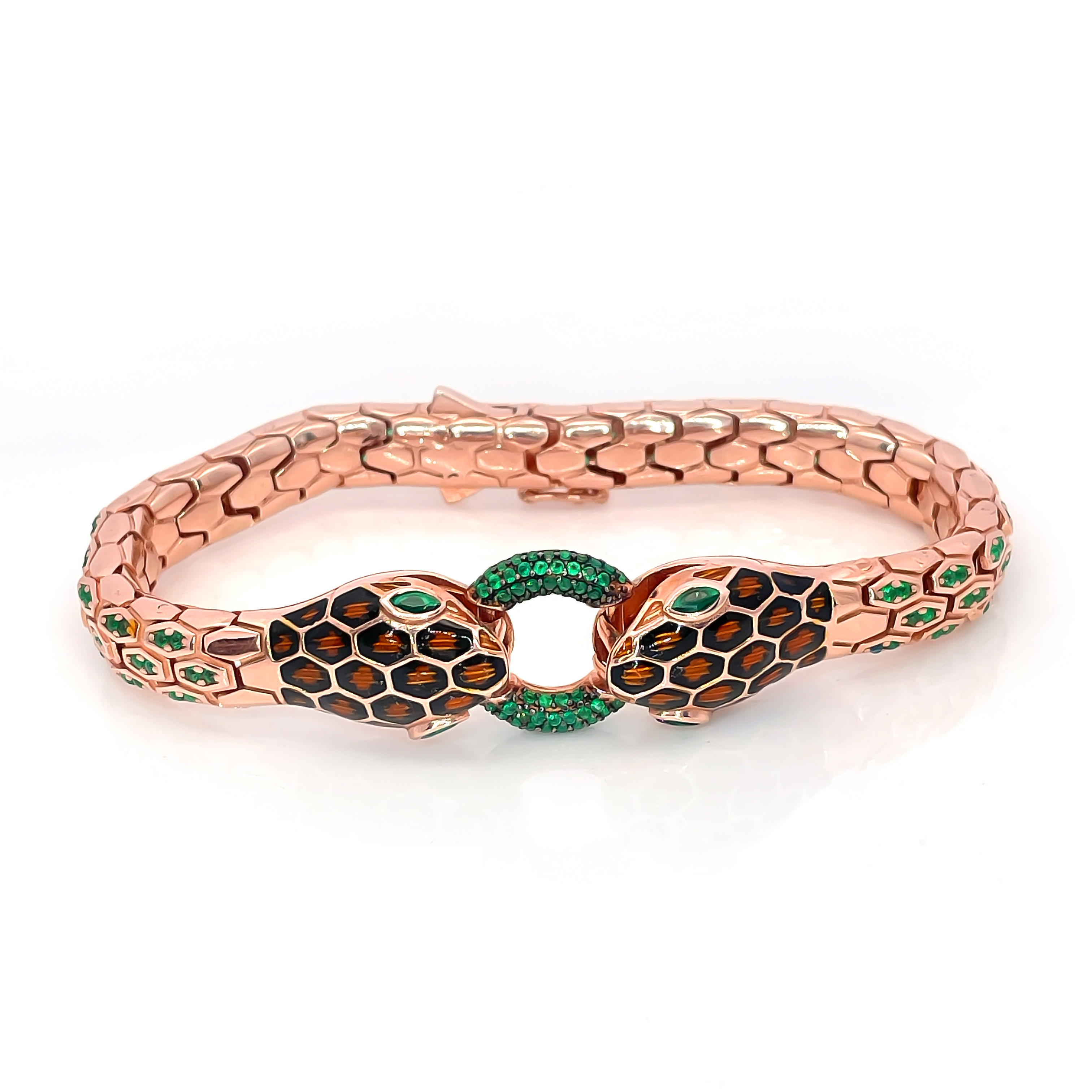 Dual Snake Head Enamel & Green CZ Rose Gold Bangle