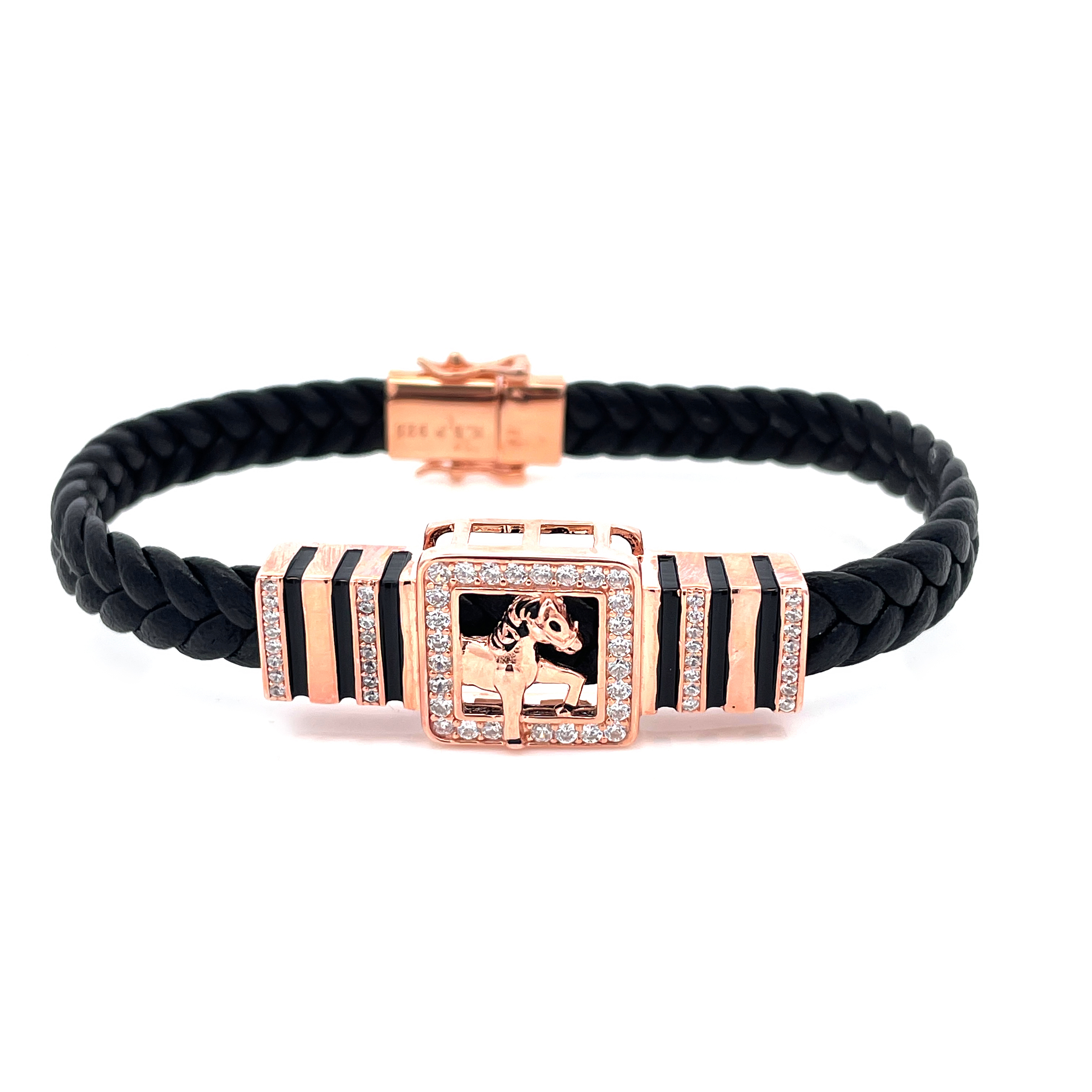Majestic Horse Framed CZ Leather Bracelet in Rose Gold Finish
