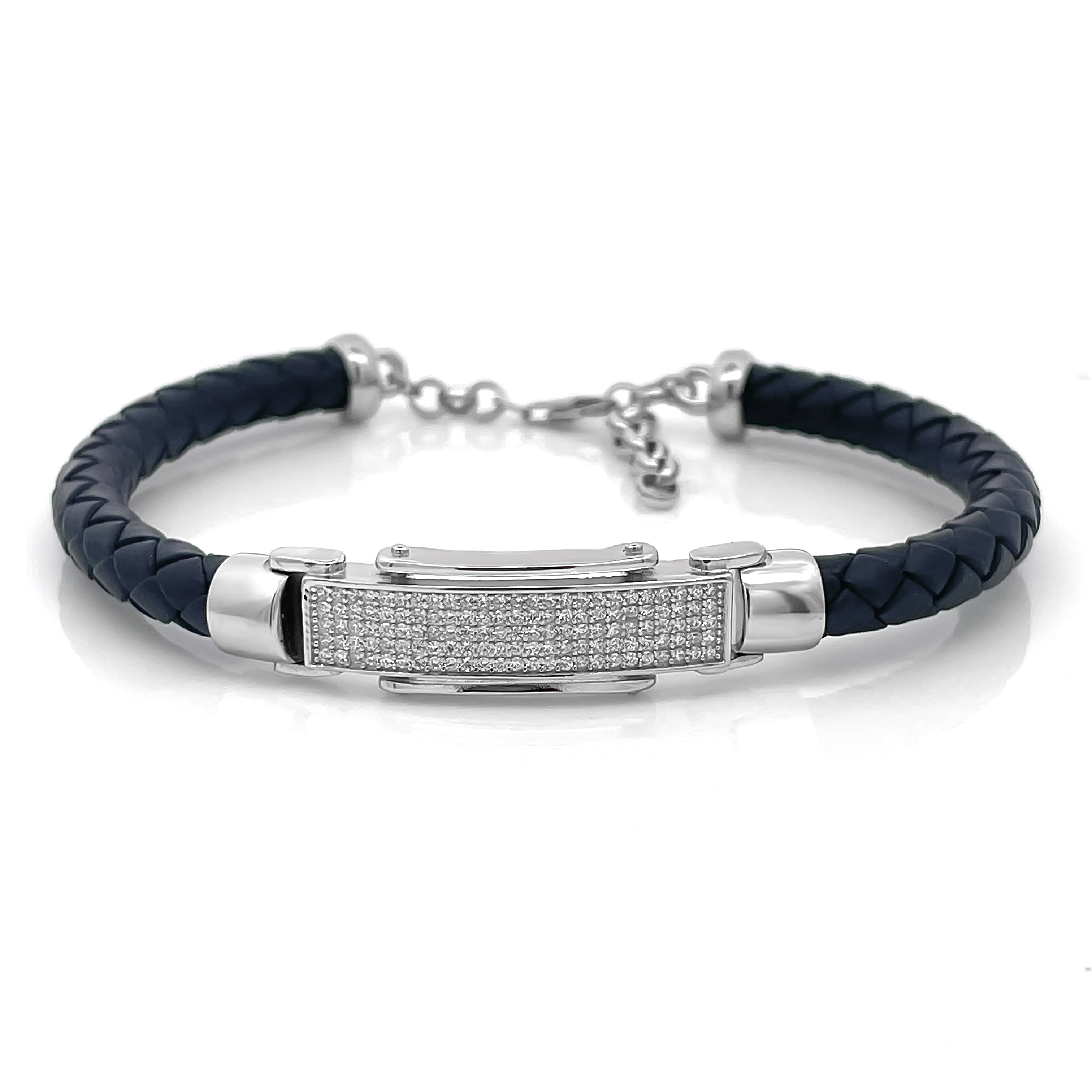 Men’s Silver-Tone Leather Bracelet with CZ Studded Bar Design