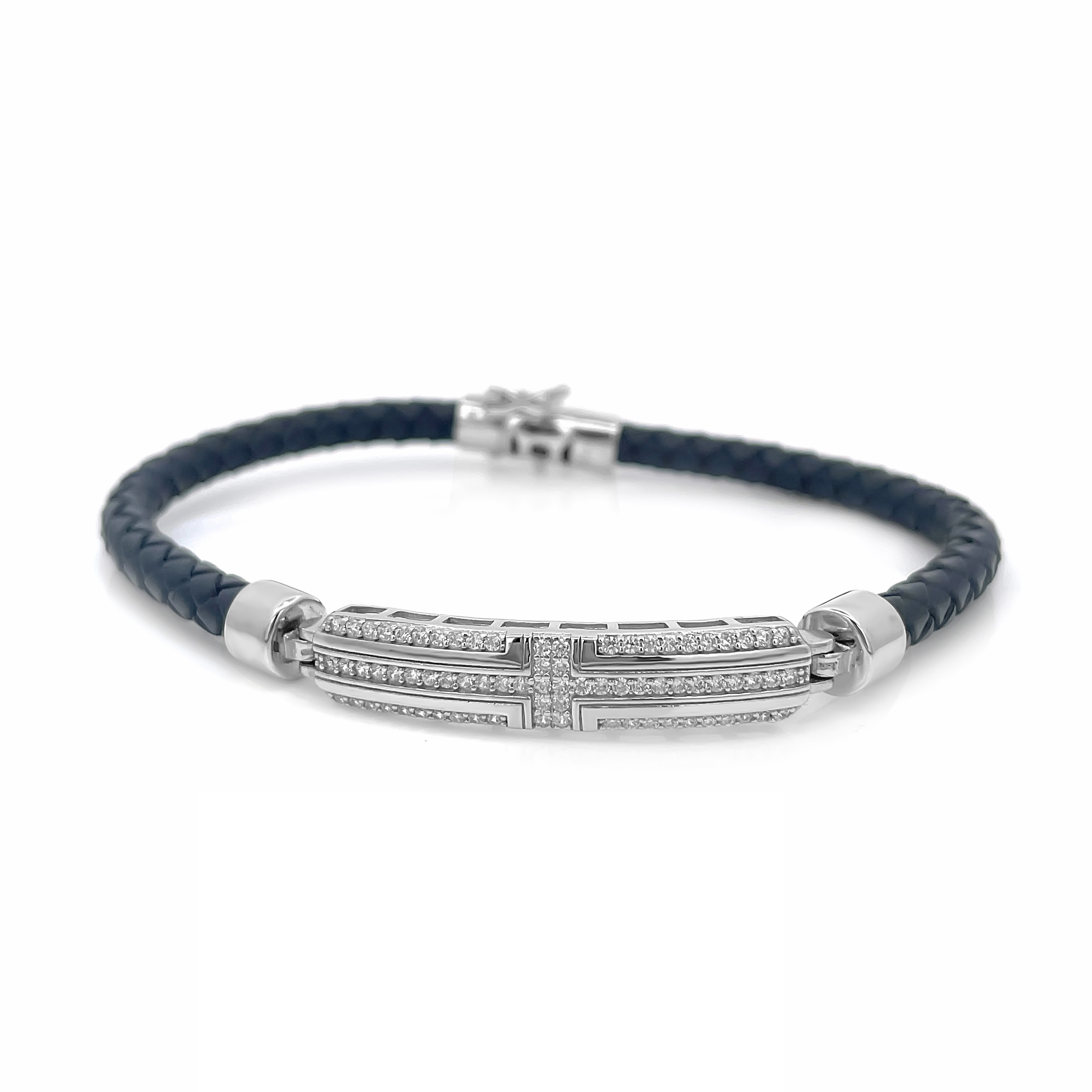 Men’s Silver Cross-Design Bracelet with Braided Leather Strap