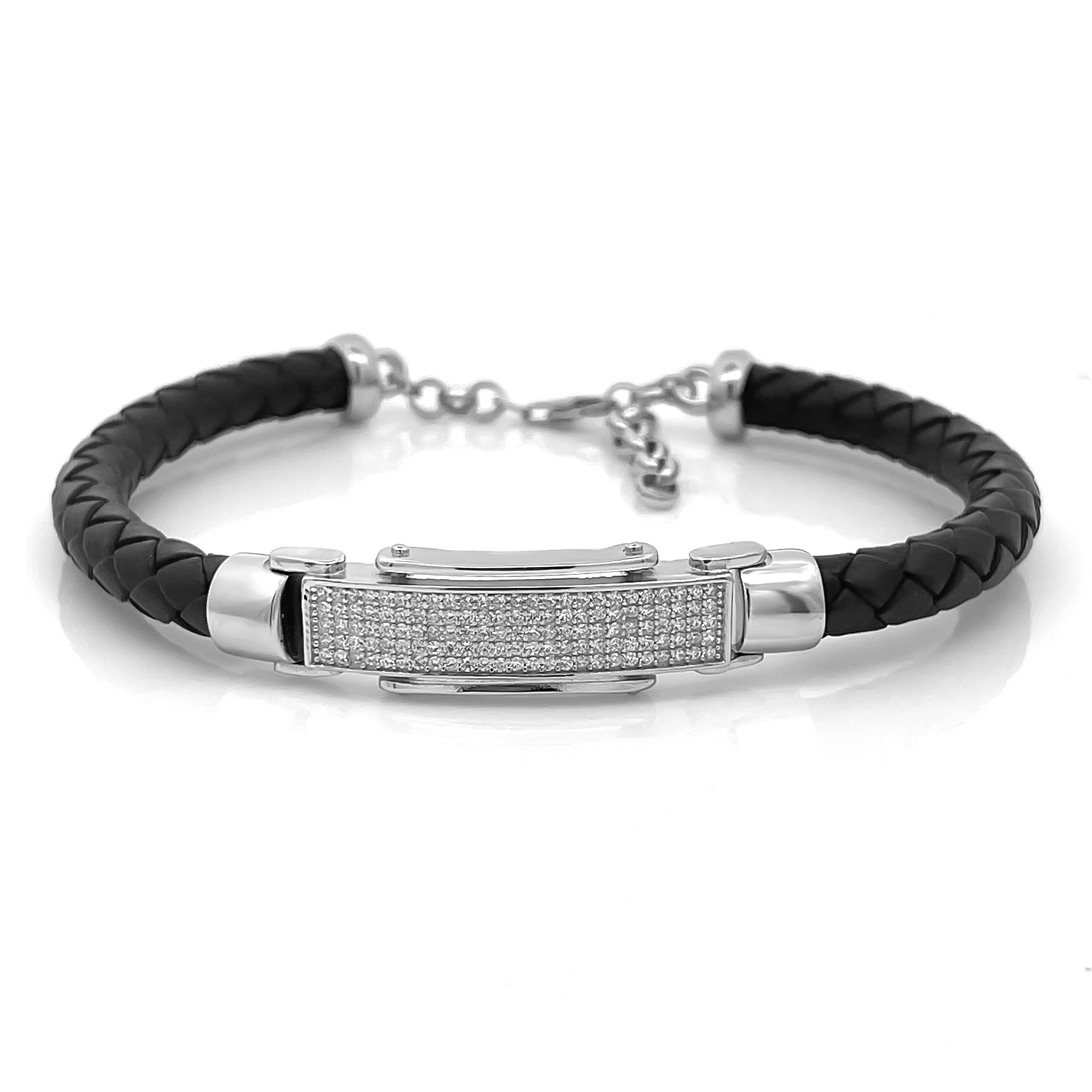Men’s Black Braided Leather Bracelet with Silver CZ Bar