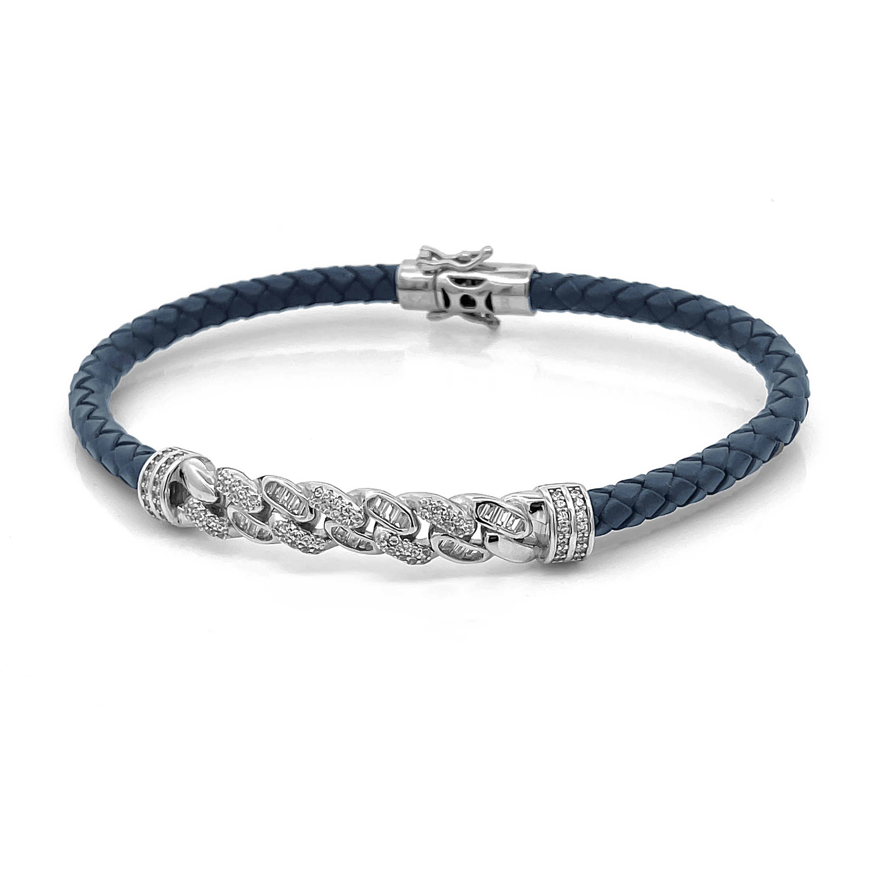 Men’s Blue Braided Leather Bracelet with Silver Cuban Link Design