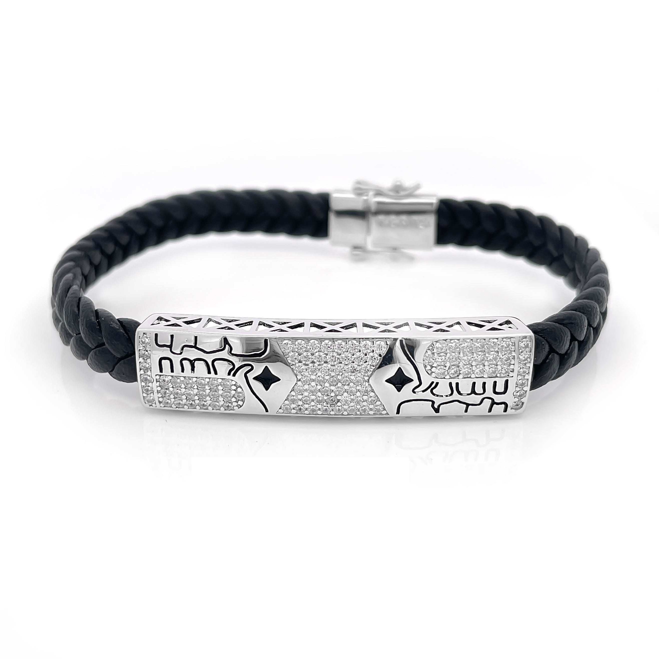 Men’s Black Braided Leather Bracelet with Silver Engraved CZ Plate