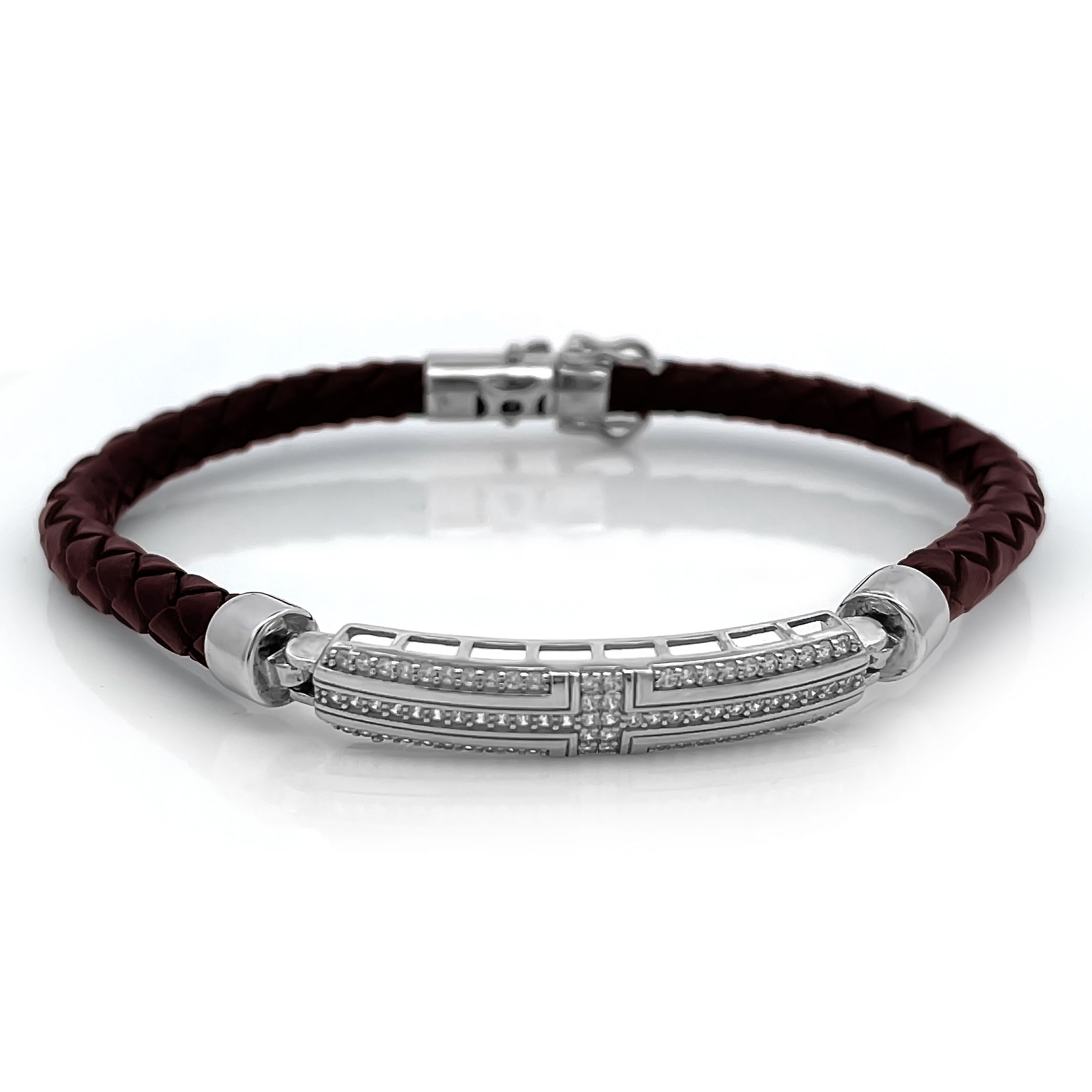 Men’s Silver & Maroon Braided Leather Bracelet with CZ Bar