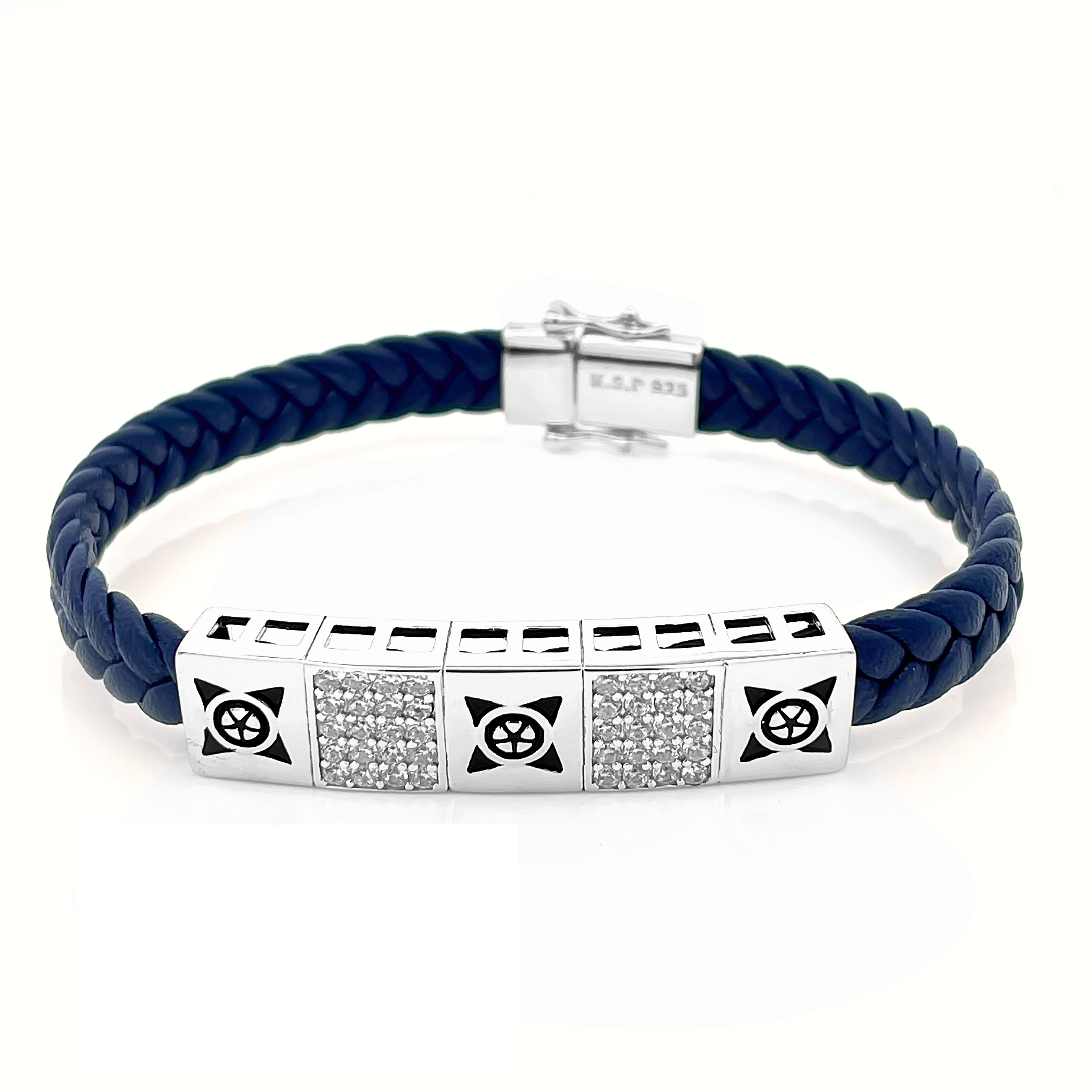 Men’s Silver & Maroon Braided Leather Bracelet with CZ Bar