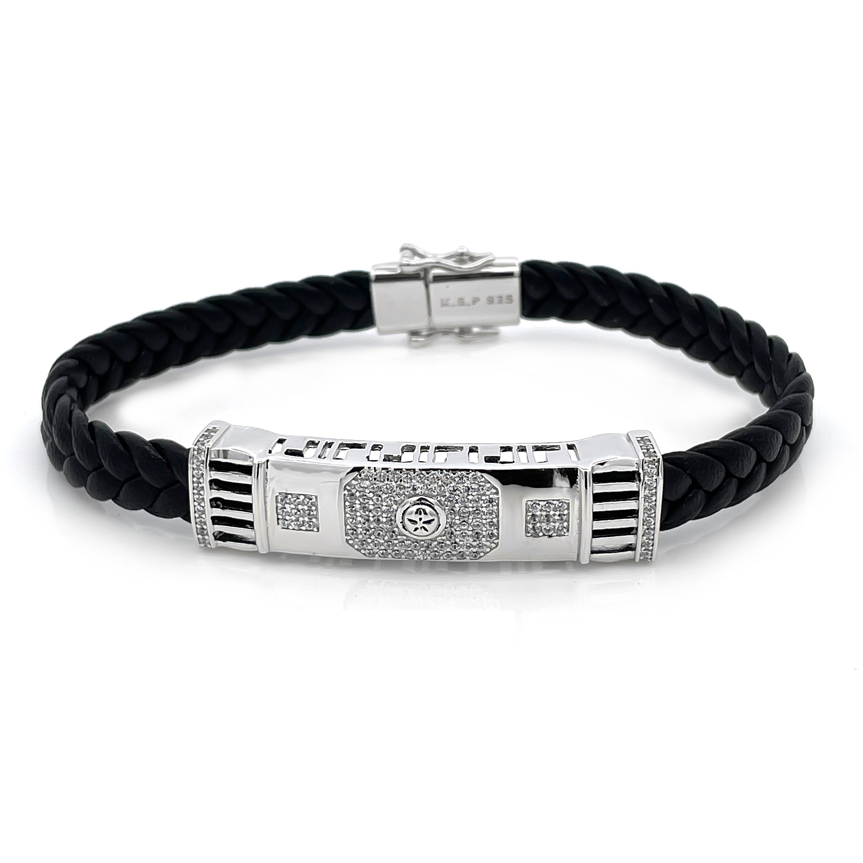 Men’s Black Braided Leather Bracelet with Silver CZ Bar