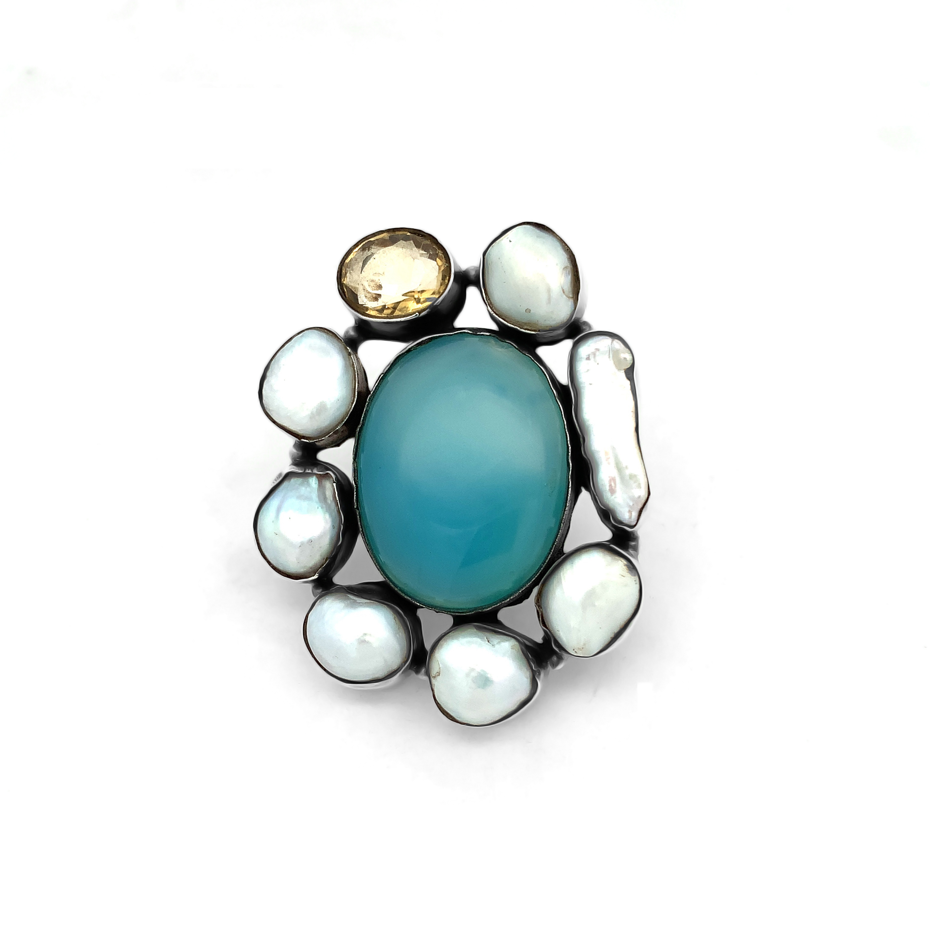 Multi Gemstone & Oval Turquoise 925 Sterling Silver Ring 