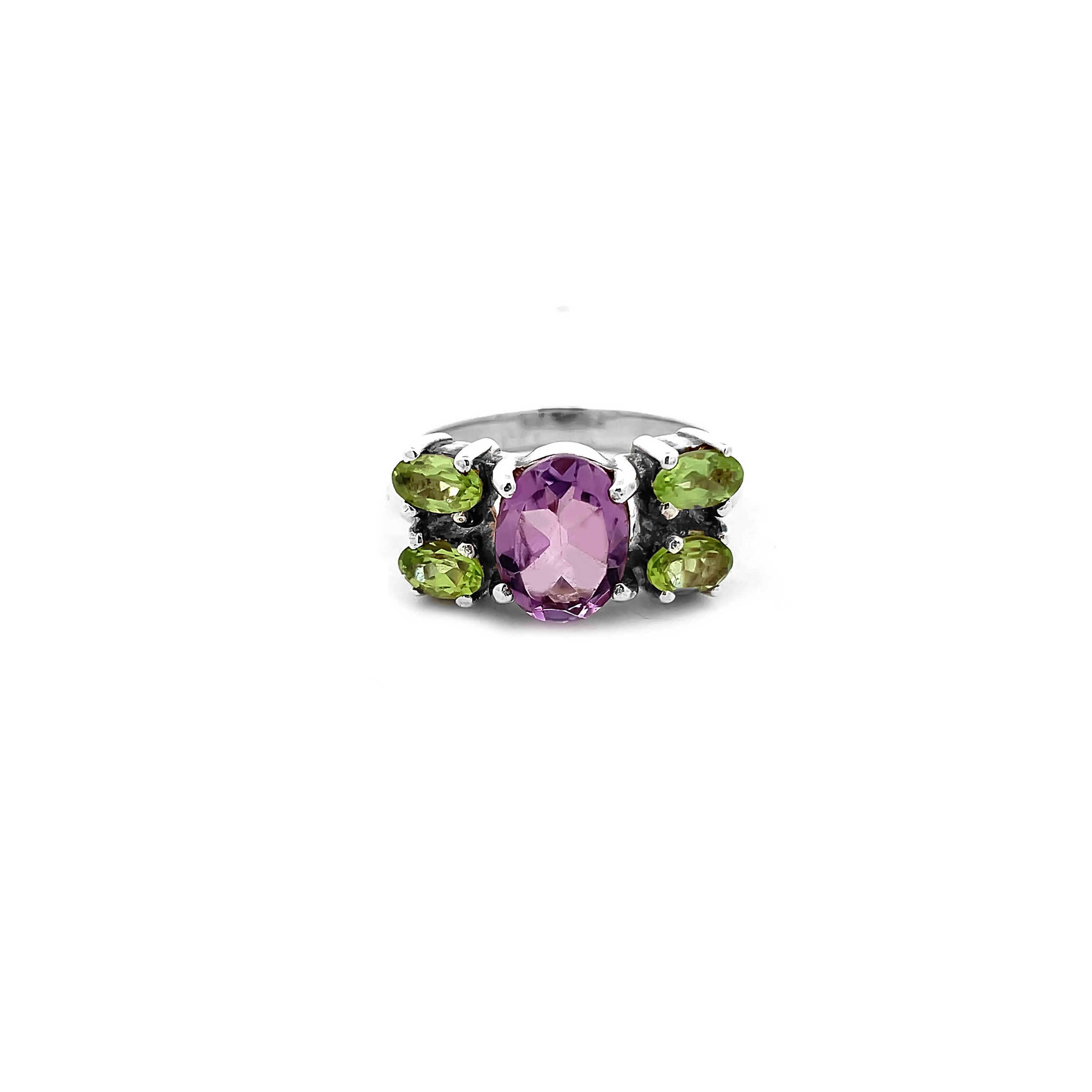 Silver ring with amethyst and peridot gemstones.  925 Sterling Silver Ring 