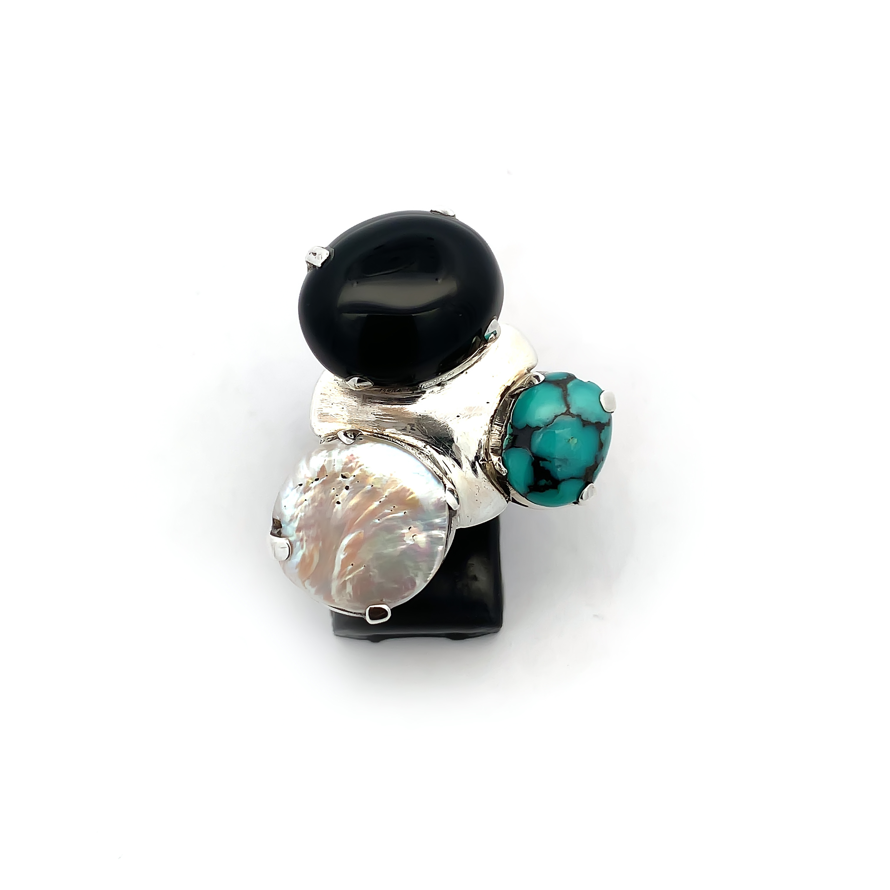 Multiple stones, Silver Ring  including black onyx, turquoise, and a mother-of-pearl .  925 Sterling Silver Ring 